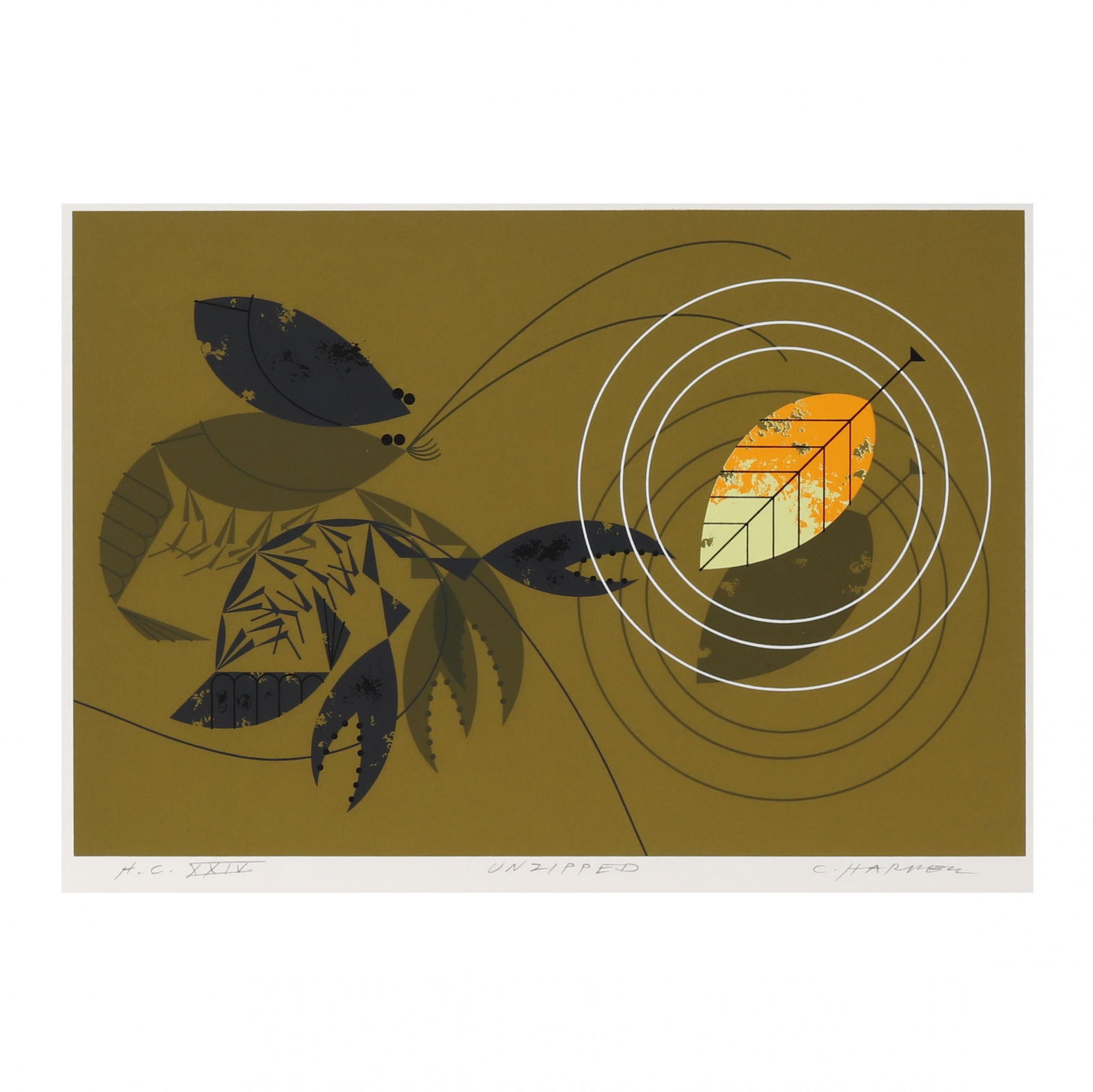 Charley Harper (American, 1922-2007), Unzipped (Crayfish): Charley Harper (American, 1922-2007), Unzipped (Crayfish)serigraph in colors, 1970, pencil signed, titled and marked as hors de commerce and numbered "HC XXIV" lower margin, unframed. Sheet size 13 1/