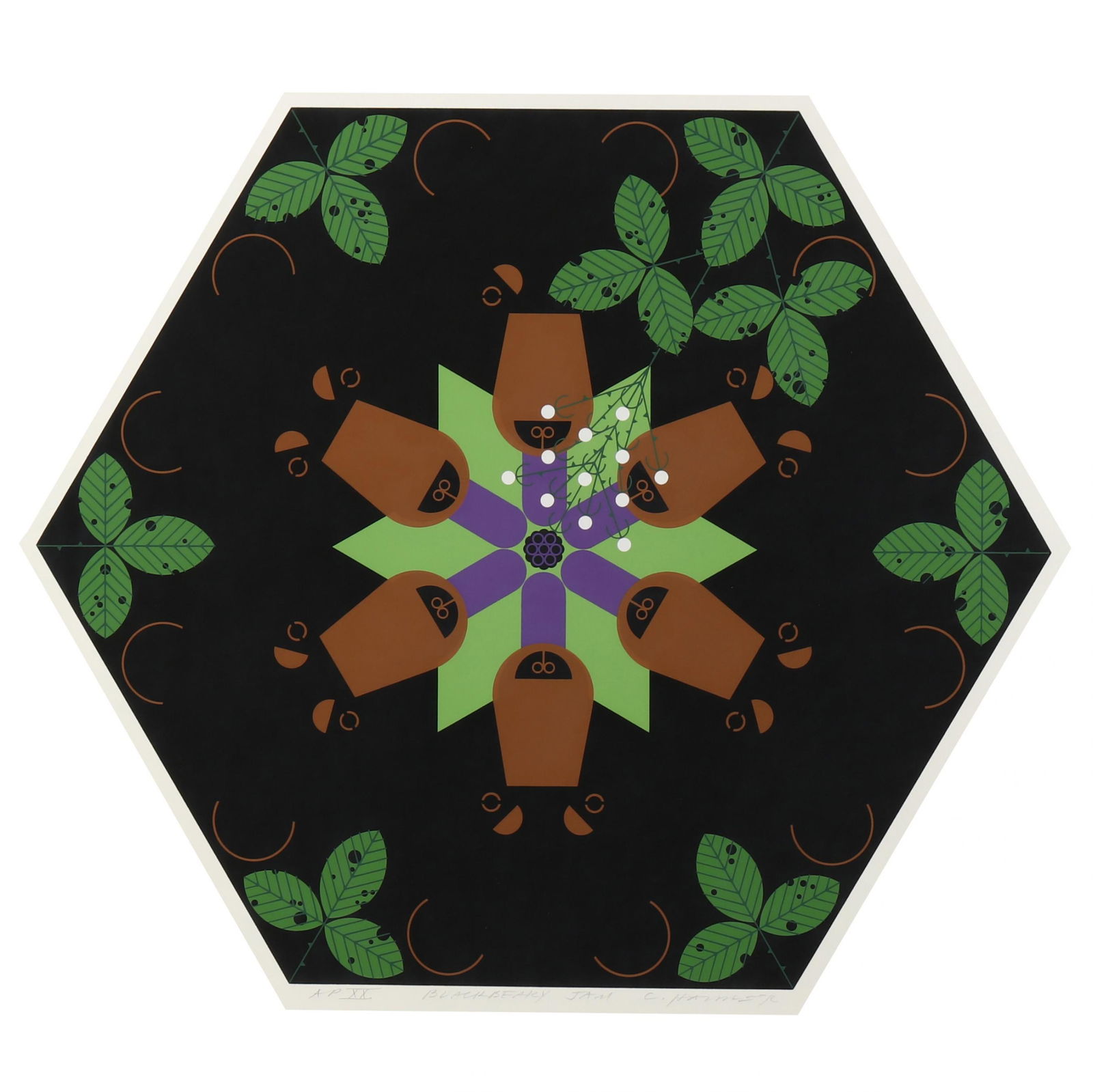 Charley Harper (American, 1922-2007), Blackberry Jam: Charley Harper (American, 1922-2007), Blackberry Jamserigraph in colors, 1989, pencil signed, titled, marked as artist's proof and numbered "AP XX," unframed. Sheet size 20 x 22 1/2 in. Charley Harper