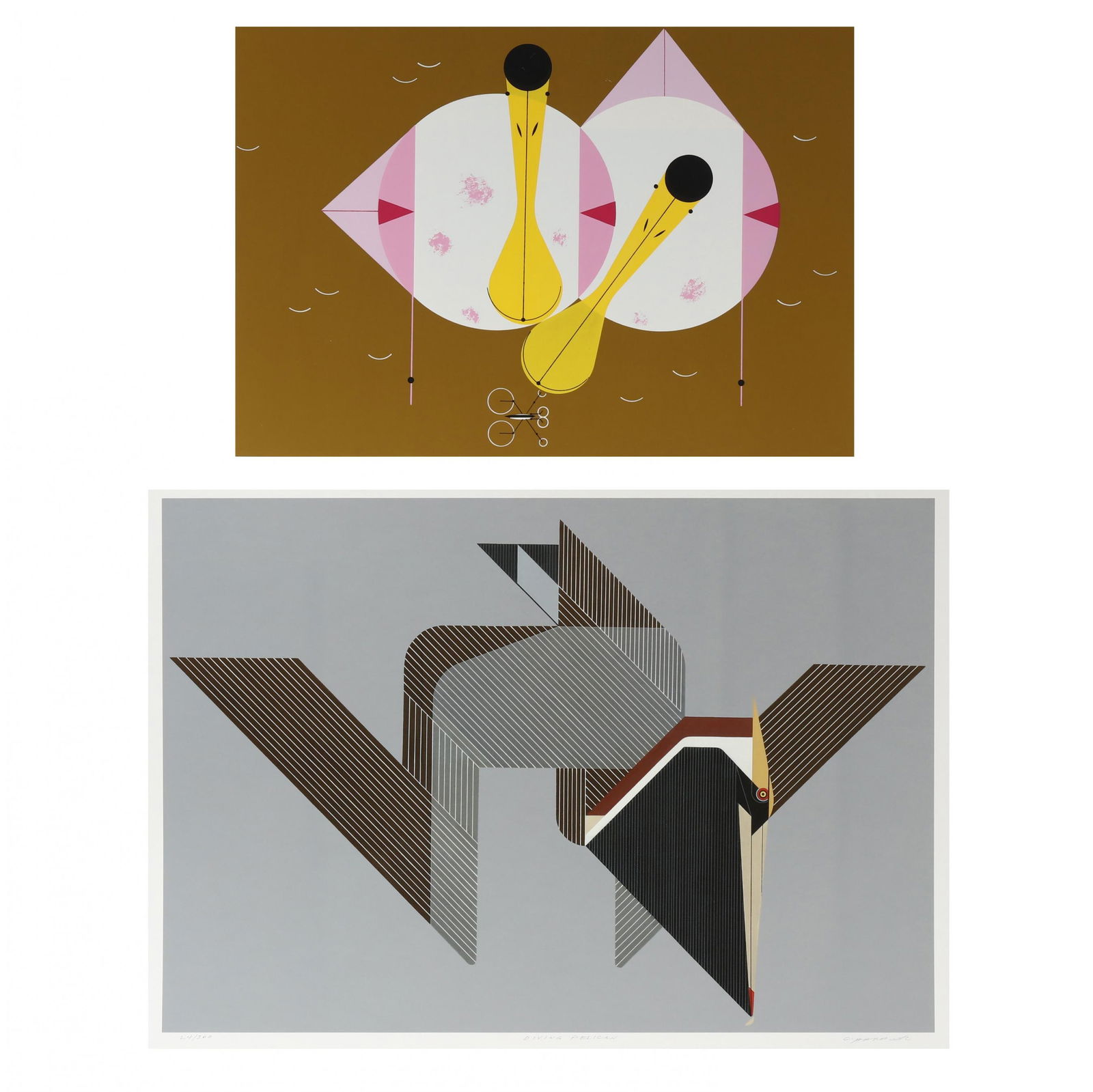 Charley Harper (American, 1922-2007),  Roseate Spoonbill  /  Diving Pelican  (Two Works) (1 of 10)