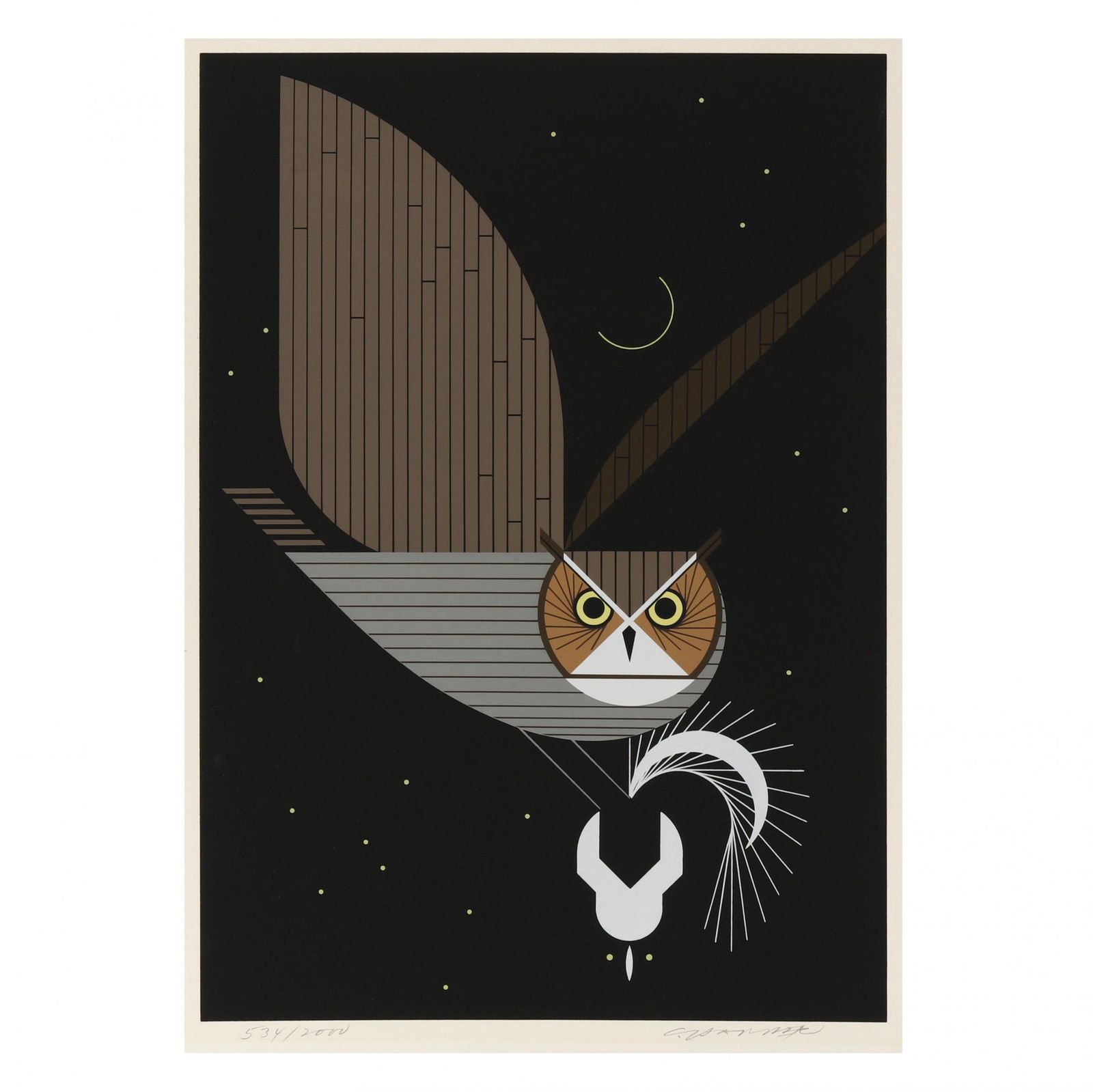 Charley Harper (American, 1922-2007), Pfwhoooooooooo!: Charley Harper (American, 1922-2007), Pfwhoooooooooo!serigraph in colors, 1975, pencil signed and numbered lower margin, unframed. Sheet size 20 1/2 x 15 in. Charley Harper (1922–2007) was an Americ