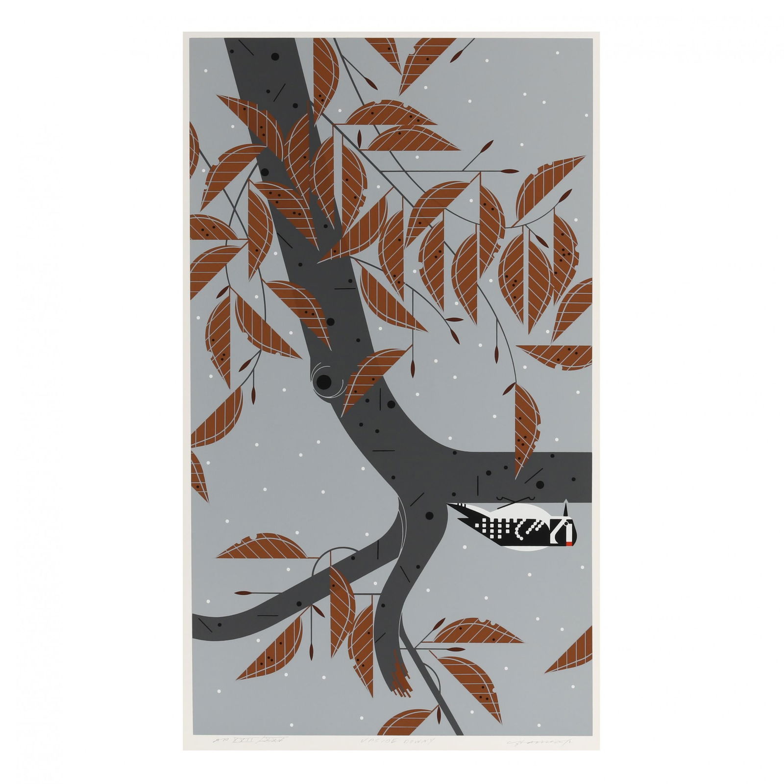 Charley Harper (American, 1922-2007), Upside Downy: Charley Harper (American, 1922-2007), Upside Downyserigraph in colors, 1978, pencil signed, titled, marked as artist's proof and numbered "AP XXII XXV" lower margin, unframed. Sheet size 30 x 19 in. C