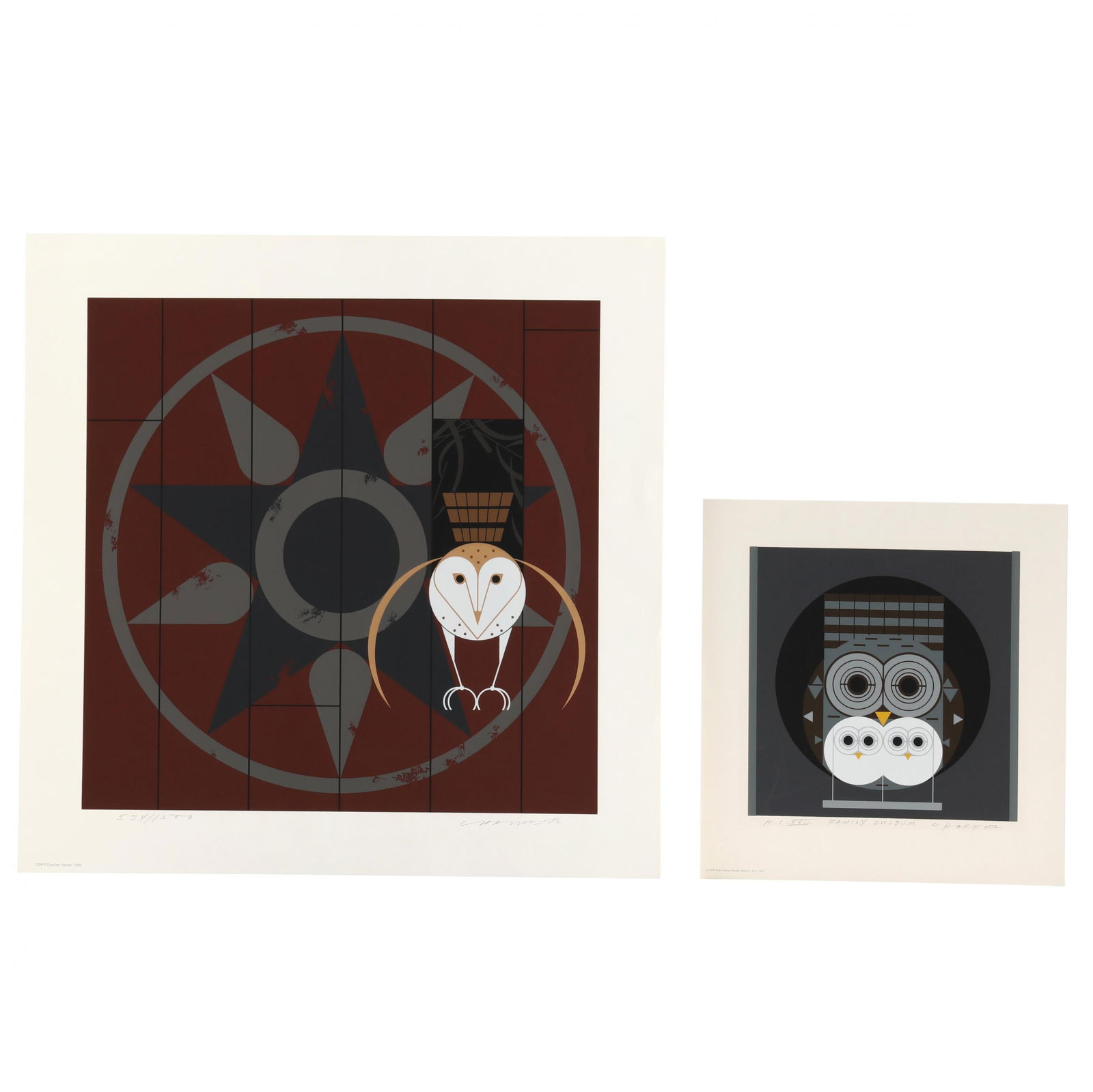 Charley Harper (American, 1922-2007), Hexit / Family Owlbum (Two Works): Charley Harper (American, 1922-2007), Hexit / Family Owlbum (Two Works)each a serigraph in colors, 1972 and 1980, both pencil signed and numbered, one a hors de commerce, unframed. Sheet size 20 x 20