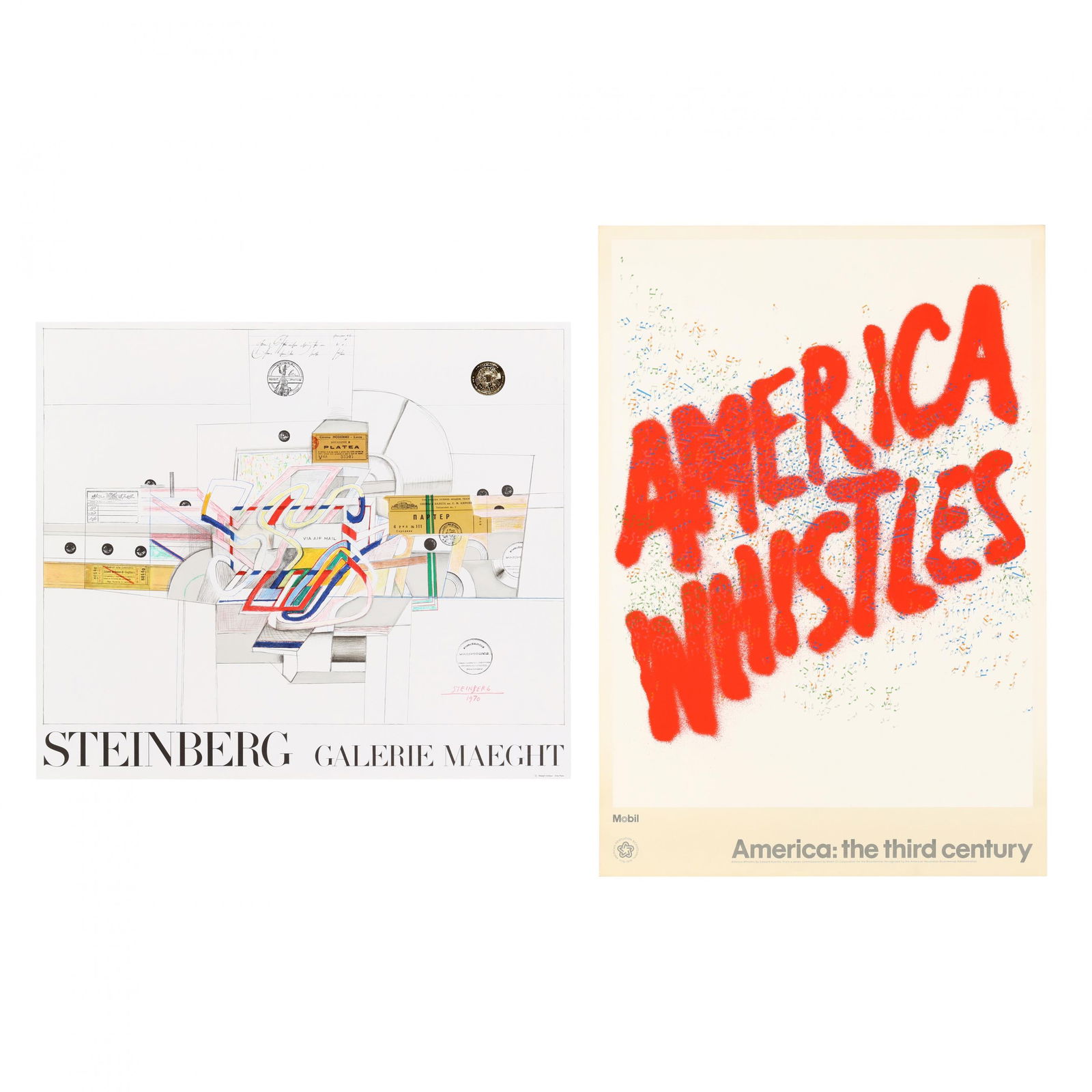 Two Exhibition Posters, America Whistles & Steinberg-Galerie Maeght: Two Exhibition Posters, America Whistles & Steinberg-Galerie Maeghtthe first, Ed Ruscha (American, b. 1937), America Whistles, lithograph in colors, 1976, commissioned by Mobil Oil Corporation for the