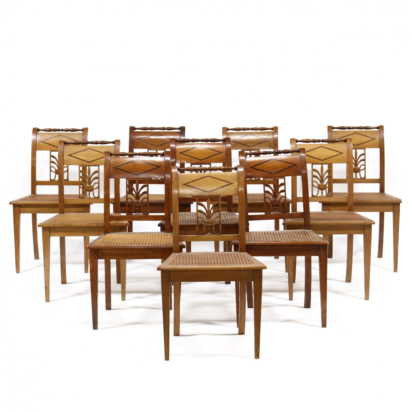 Set of Ten Biedermeier Style Carved and Inlaid Dining Chairs (1 of 9)