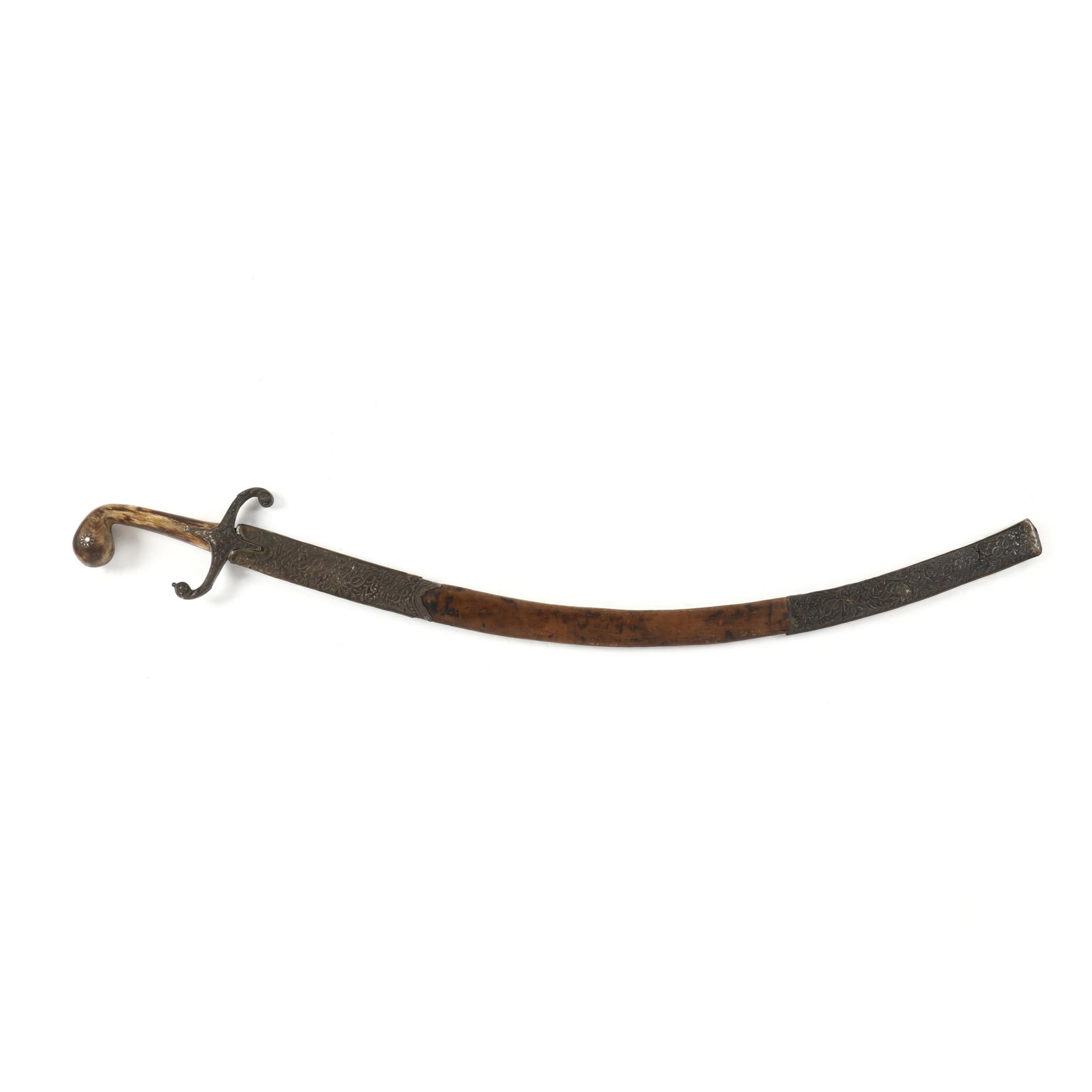 Ottoman or Near Eastern Sword: Ottoman or Near Eastern Sword 19th century, the 31-1/2 in. blade with a 24-in. long register of gilt Islamic text on both sides; faux bone wooden grip, white metal mounts; the scabbard of metal and le