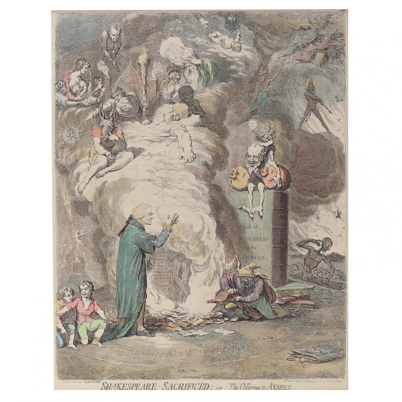 After James Gilray (English, 1756-1815),  Shakespeare – Sacrificed; or, The Offering to Avarice (1 of 10)