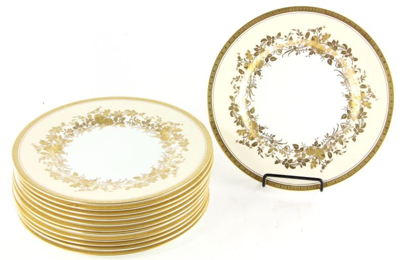 Set of Twelve Mintons China Dinner Plates: Set of Twelve Mintons China Dinner Platesfinely decorated with gilt floral and foliate decoration to rim and gold border, gilt mark , pattern number hand painted in gold "AS H.5032," decorator's initi