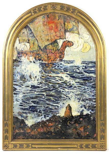 John Wenger (NY, 1887-1976), The Ship: John Wenger (NY, 1887-1976), The Shipoil on board, signed and dated 1924 lower right, turbulent seascape with a couple embracing in the foreground and a ship on the horizon, presented in a tabernacle