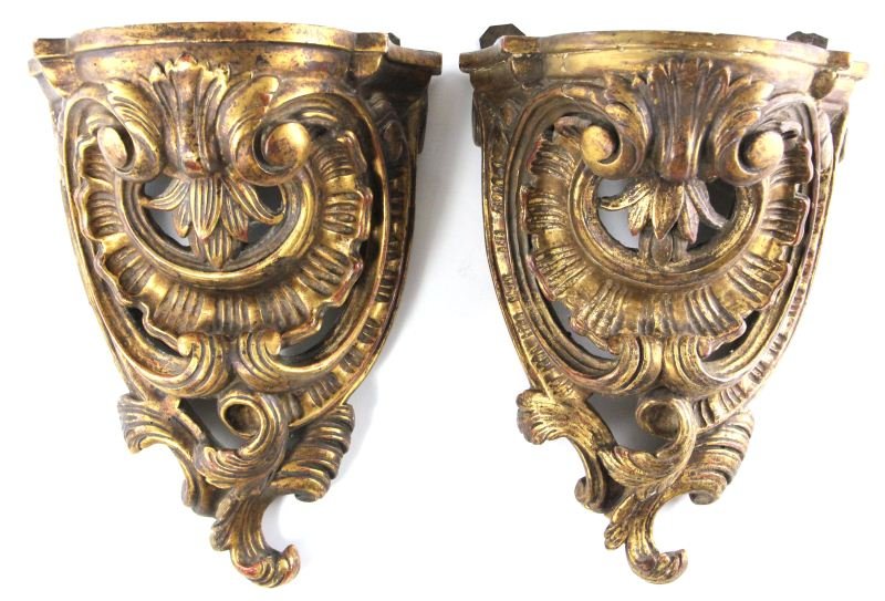 Pair of Rococo Revival Wall Brackets: Pair of Rococo Revival Wall Brackets late 19th century, carved with gilt over gesso, pierced shell and asymmetrical design. 13 x 10 x 7.5 in.