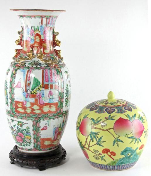 Two Pieces of Asian Porcelain: Two Pieces of Asian Porcelainboth 20th century; one a famille rose floor vase with hardwood stand (HOA 19 in.); the second a famille jaune ginger jar, decorated with peaches, mark to base (8 in.)