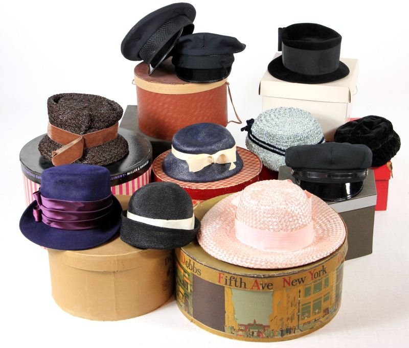 Collection of Vintage Hats and Hat Boxes: Collection of Vintage Hats and Hat Boxesincluding (7) lady's hats in straw and velour, and (3) uniform hats in black and navy, (2) Dobbs boxes, (1) Amethyst Room box, and (2) Wilson area hat shop boxe