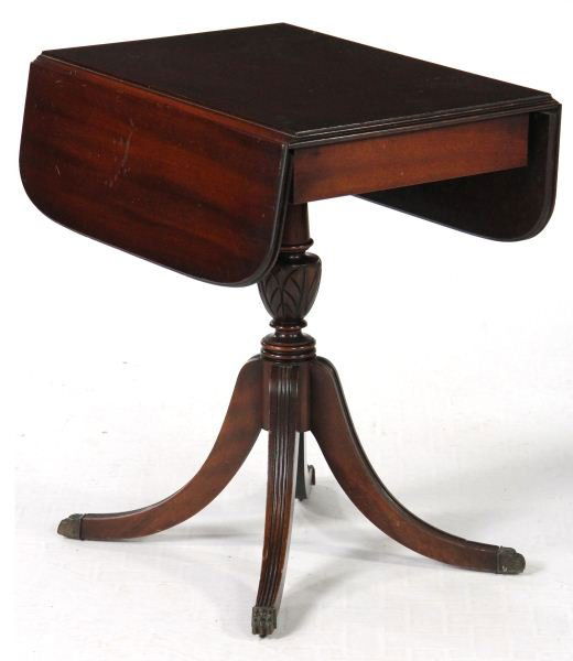 Duncan Phyfe Style Bedside Table: Duncan Phyfe Style Bedside Tablemahogany, two drop leaves, turned and carved standard on quadruped base with brass caps to feet. 22.5 x 20 x 14.5 in. when closed; each leaf is 6.5 in.