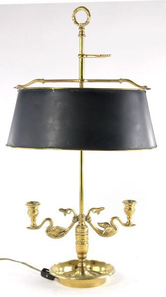 French Bouillotte Brass Table Lamp: French Bouillotte Brass Table Lampby Frederick Cooper of Chicago, deep well for base, supporting two swan form candle supports and adjustable toleware shade, double lights, currently in working condit