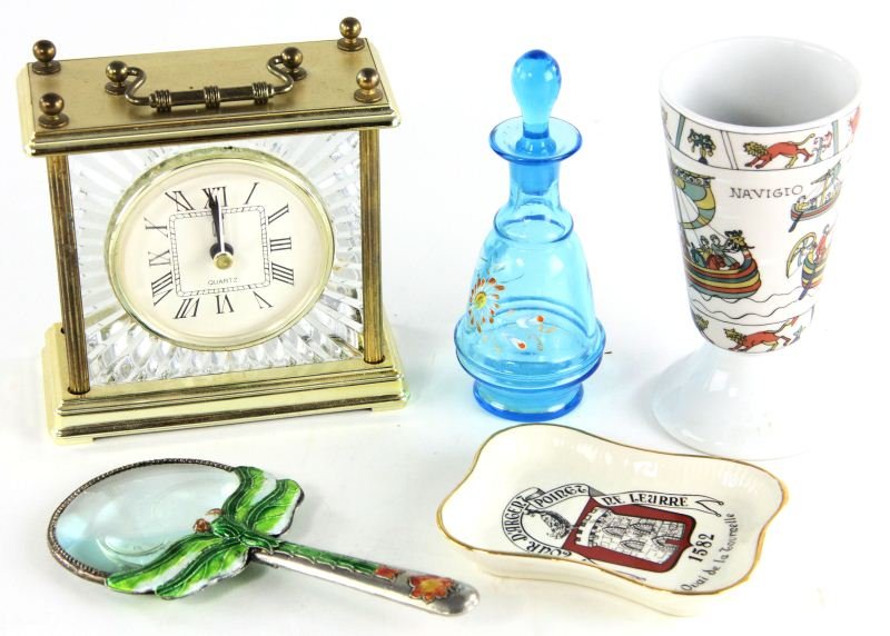 Lady's Vanity Accoutrements: Lady's Vanity Accoutrements (5) pieces, including a carriage style clock, an enameled dragonfly magnifying glass, a Victorian enamel decorated glass scent bottle, a Longchamp pin try, and a Limoges "B