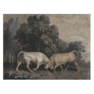 George Townley Stubbs (1756-1815), after George Stubbs, A.R.A.,  Bulls Fighting: George Townley Stubbs (1756-1815), after George Stubbs, A.R.A., Bulls Fightingmezzotint with hand coloring, 18th century, framed. Frame dimension 22 3/4 x 28 3/4 in. From a Private Collection, Washing