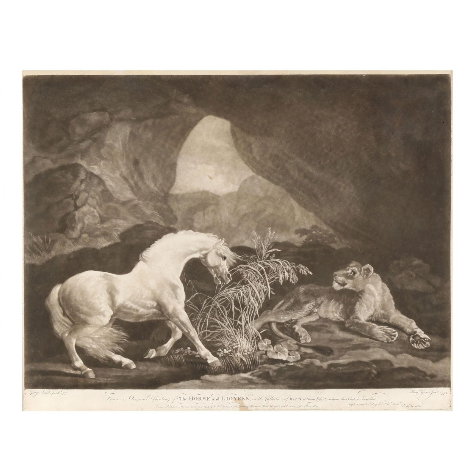 Benjamin Green after George Stubbs (British, 18th Century), The Horse and Lioness: Benjamin Green after George Stubbs (British, 18th Century), The Horse and Lionessmezzotint, 1774, matted and framed. Lennox Boyd 37. Platemark 17 5/8 x 22 1/4 in.; Frame dimensions 23 x 28 1/4 in. Fro