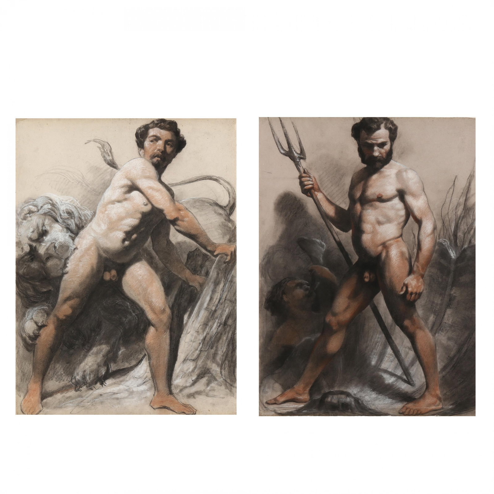 French School (Mid-19th Century), Pair of Male Nude Studies, Neptune & Androcles: French School (Mid-19th Century), Pair of Male Nude Studies, Neptune & Androcles charcoal and pastel on laid paper, unsigned, each mounted in conforming parcel gilt frames under glass. Sheet sizes of 
