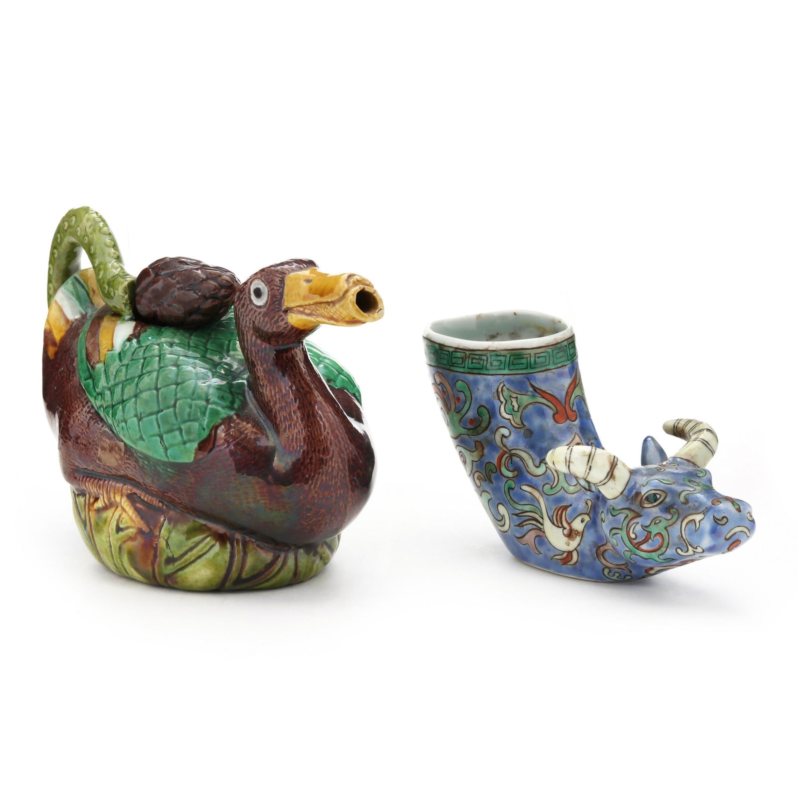 A Chinese Porcelain Figural Rhyton Cup and Water Pot (1 of 7)