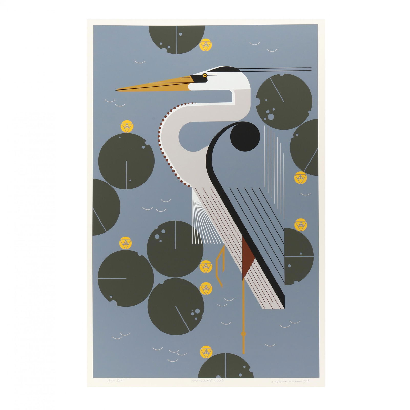 Charley Harper (American, 1922-2007), Herondipity: Charley Harper (American, 1922-2007), Herondipityserigraph in colors on paper, 1985, signed and numbered "AP XIV" at lower margin, separate from an edition of 500, unframed. Sheet size 32 x 21 7/8 in.
