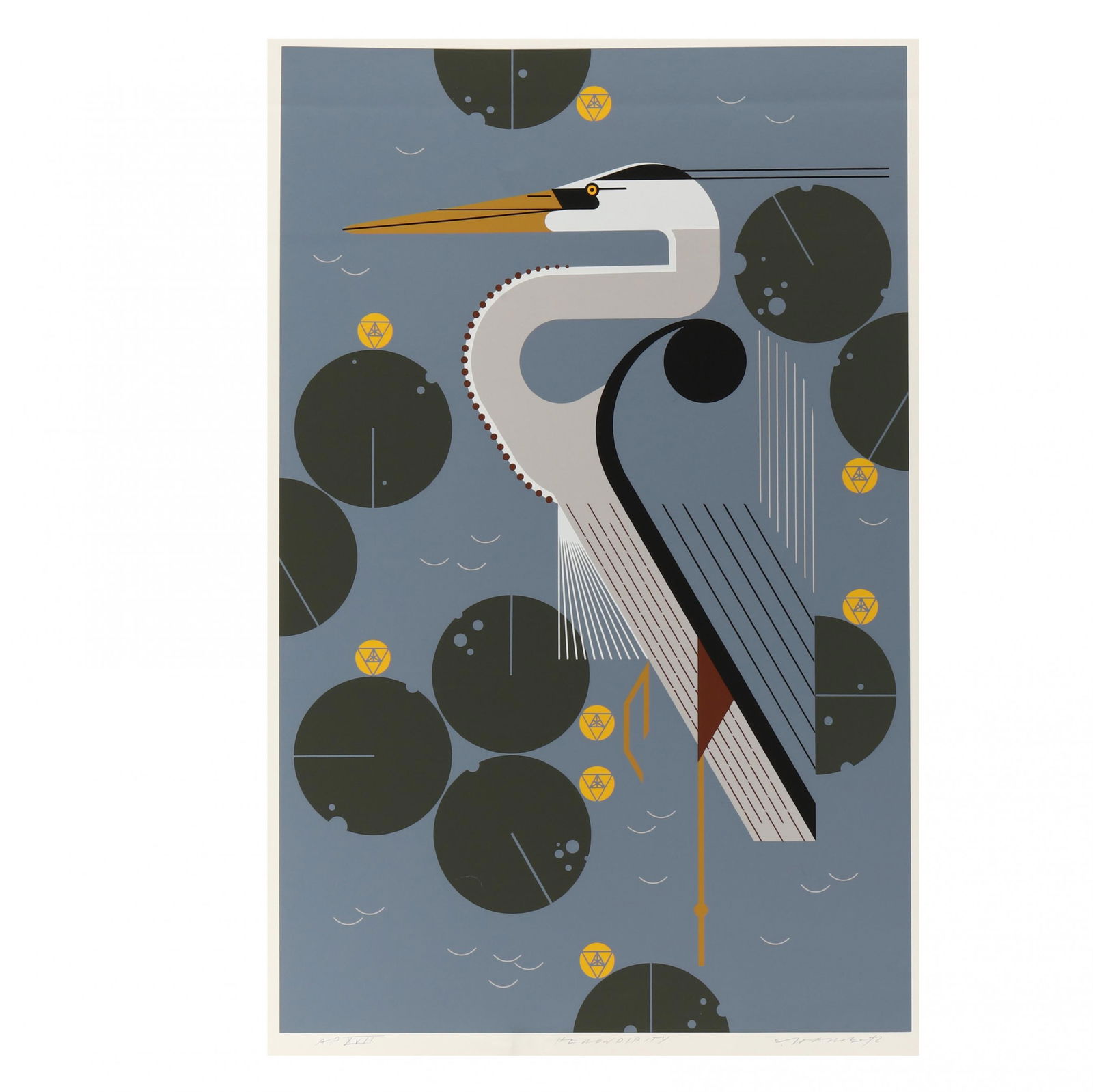 Charley Harper (American, 1922-2007), Herondipity: Charley Harper (American, 1922-2007), Herondipityserigraph in colors on paper, 1985, pencil signed and numbered "AP XVII", to lower margin, separate from an edition of 500, unframed. 32 x 22 in. Charl