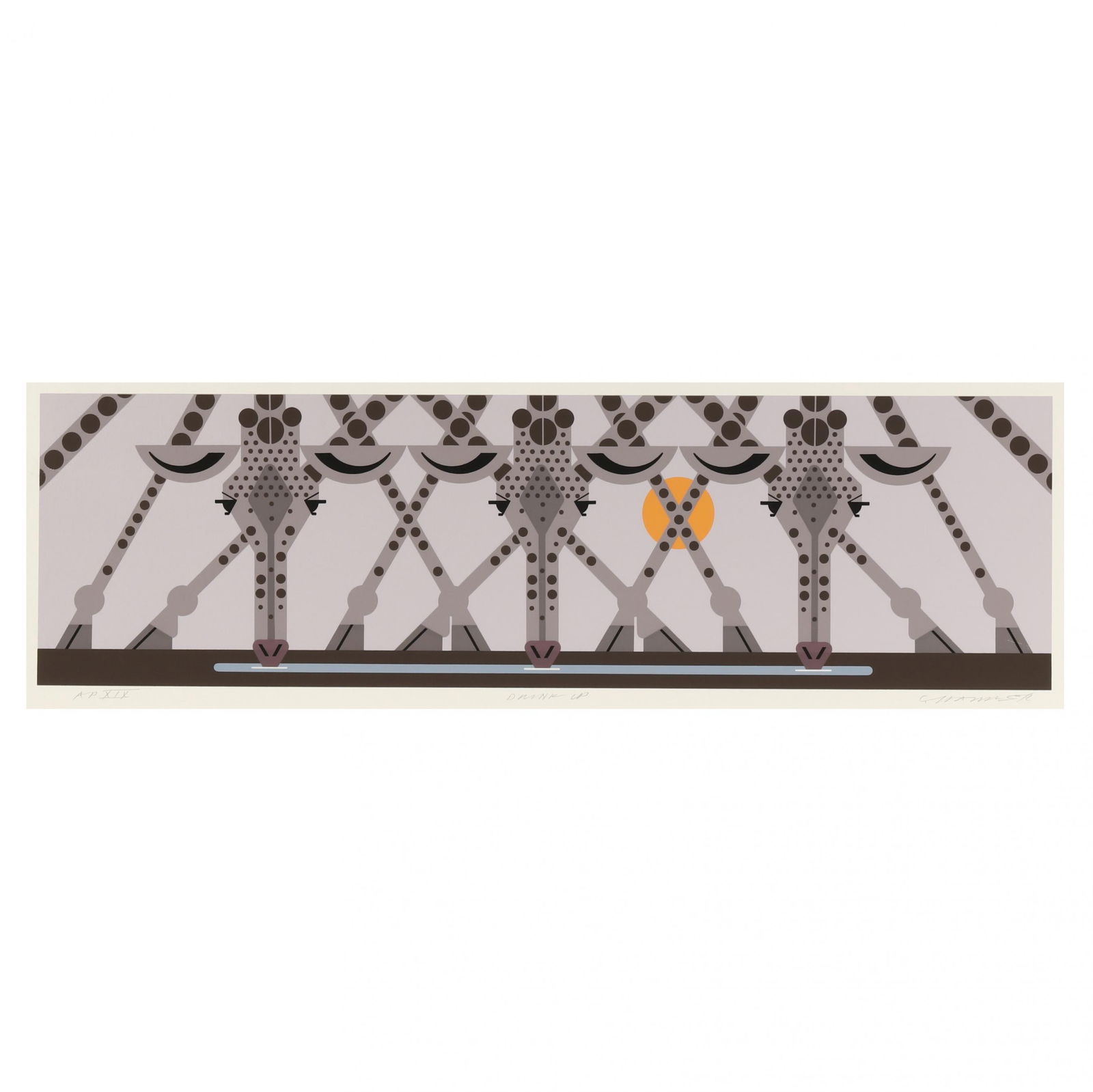 Charley Harper (American, 1922-2007), Drink Up: Charley Harper (American, 1922-2007), Drink Upserigraph in colors on paper, 1986, signed and numbered "AP XIX" to lower margin, unframed. 11 1/2 x 30 in. Charley Harper (1922–2007) was an American a