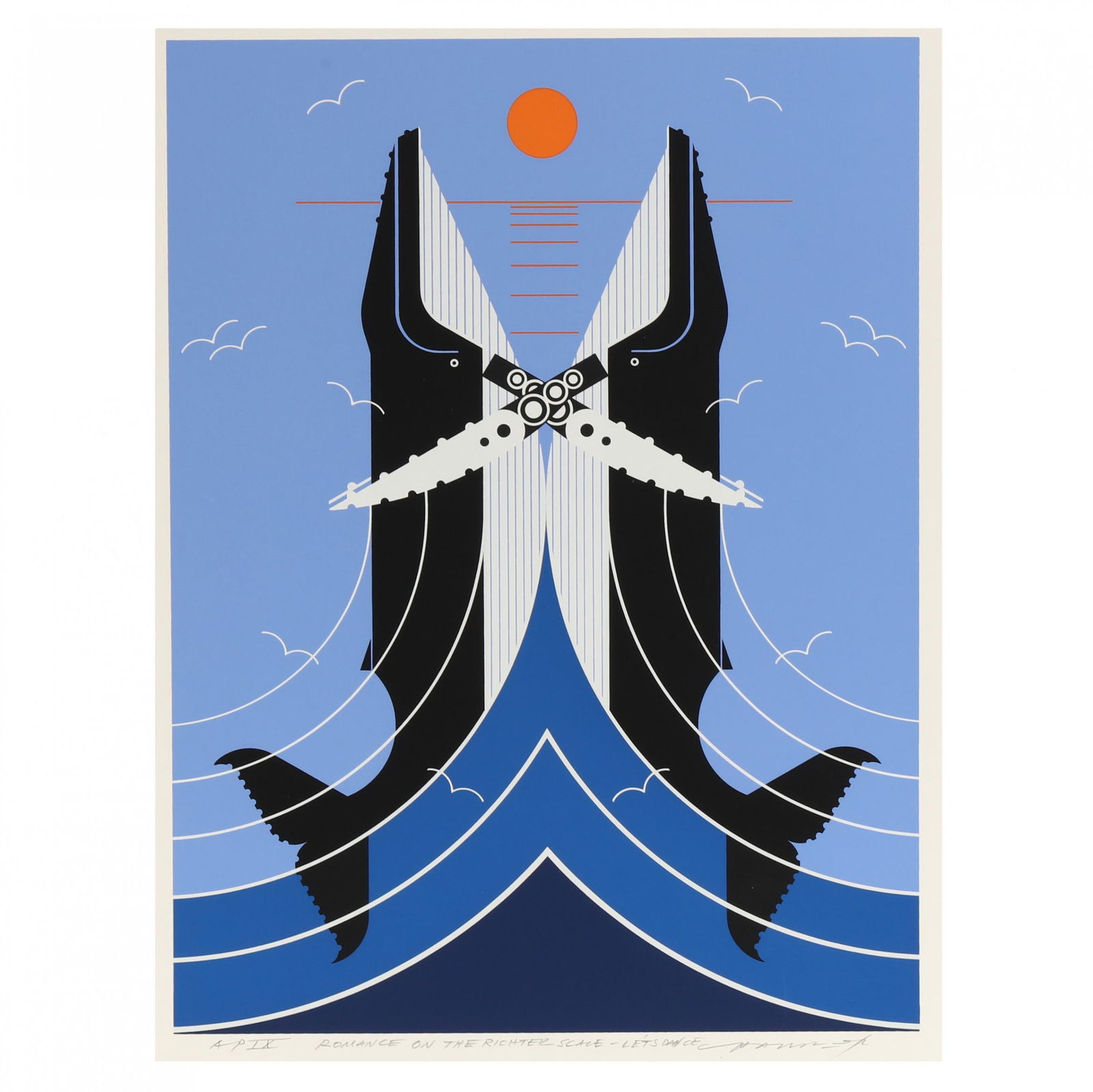 Charley Harper (American, 1922-2007), Romance on the Richter Scale (Let's Dance): Charley Harper (American, 1922-2007), Romance on the Richter Scale (Let's Dance)serigraph in colors on paper, 1981, signed and numbered "AP IX" to lower margin, unframed. 20 x 16 in. Charley Harper (1