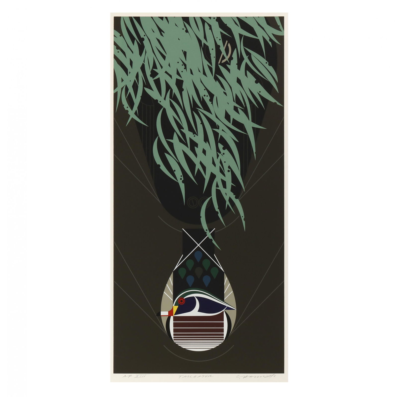 Charley Harper (American, 1922-2007), Tailgator: Charley Harper (American, 1922-2007), Tailgatorserigraph in colors on paper, 1986, pencil signed and numbered "AP XIII" to lower margin, unframed. 27 x 15 in. Charley Harper (1922–2007) was an Ameri