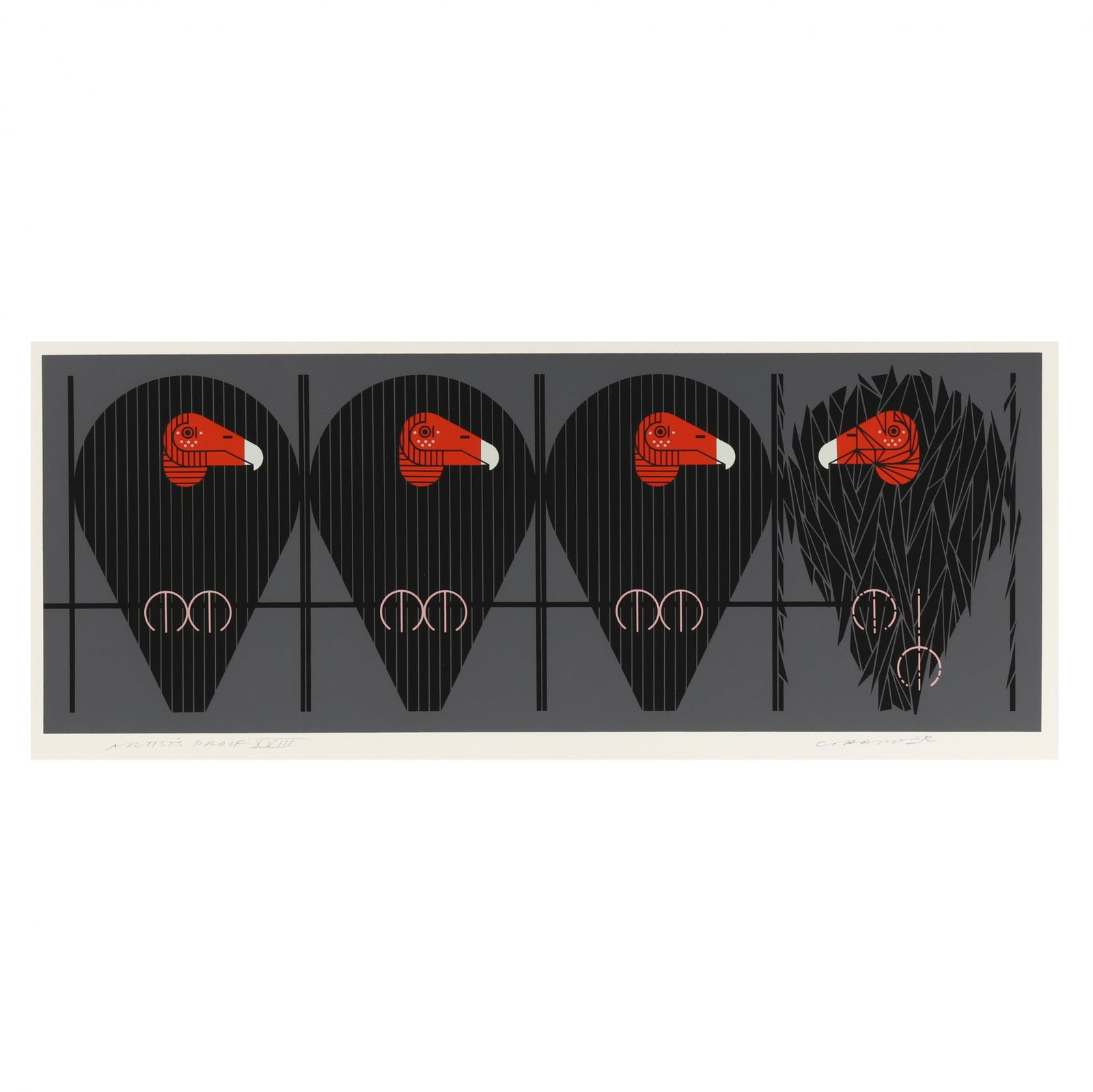 Charley Harper (American, 1922-2007), Buzz Off, You Turkey (Turkey Vultures): Charley Harper (American, 1922-2007), Buzz Off, You Turkey (Turkey Vultures)serigraph in colors on paper, 1979, pencil signed and numbered "Artist's Proof XVIII" to lower margin, unframed. 12 3/4 x 27