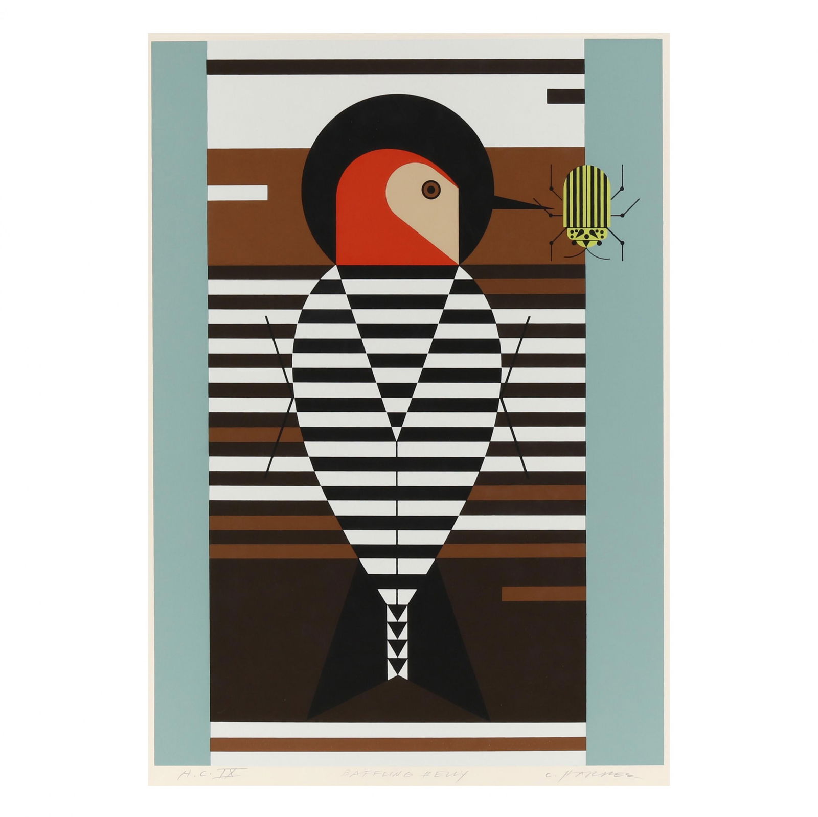 Charley Harper (American, 1922-2007), Baffling Belly: Charley Harper (American, 1922-2007), Baffling Bellyserigraph in colors on paper, 1971, signed and numbered "H.C. IX" to lower margin, unframed. 22 1/4 x 16 1/2 in. Charley Harper (1922–2007) was an