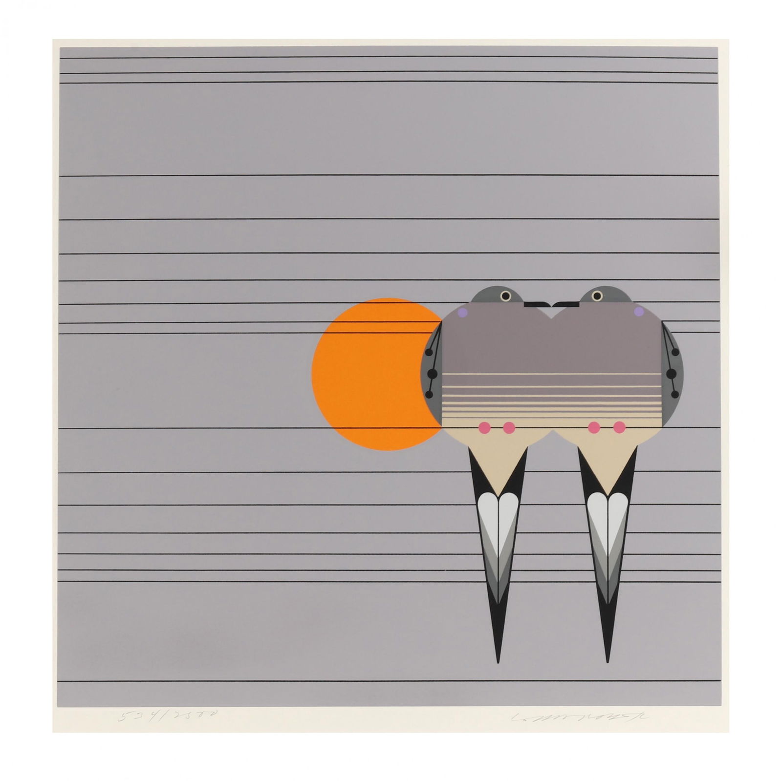 Charley Harper (American, 1922-2007), Lovey Dovey: Charley Harper (American, 1922-2007), Lovey Doveyserigraph in colors on paper, circa 1978, signed and numbered at lower margin, unframed. 15 3/4 x 15 3/4 in. Charley Harper (1922–2007) was an Americ