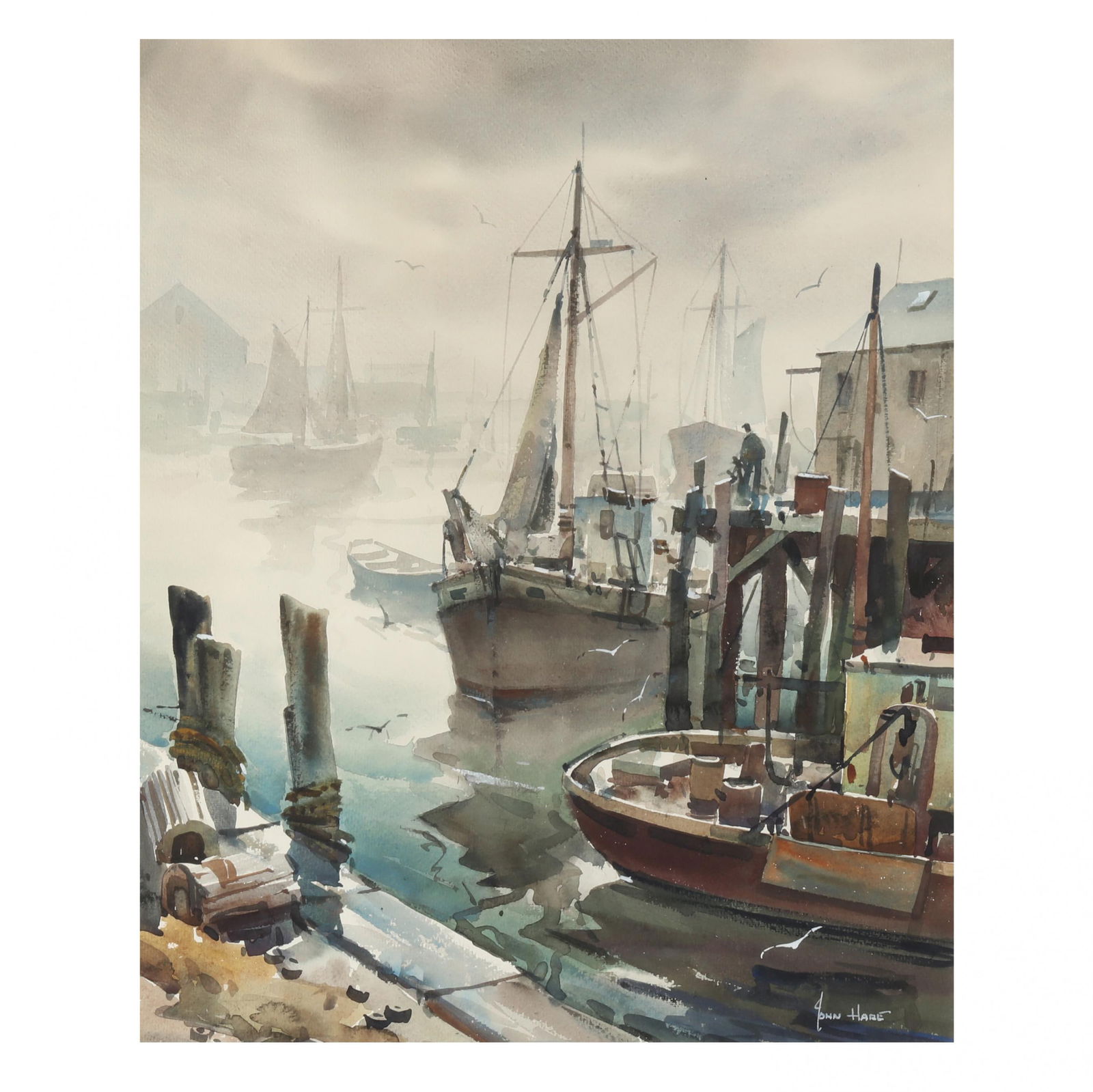 John Cuthbert Hare (American, 1908-1978), Gloucester Harbor Scene: John Cuthbert Hare (American, 1908-1978), Gloucester Harbor Scenewatercolor on paper, signed at lower right, matted and framed under glass. Sheet sight 20 1/2 x 16 3/4 in.; Frame Dimensions 31 1/2 x 2