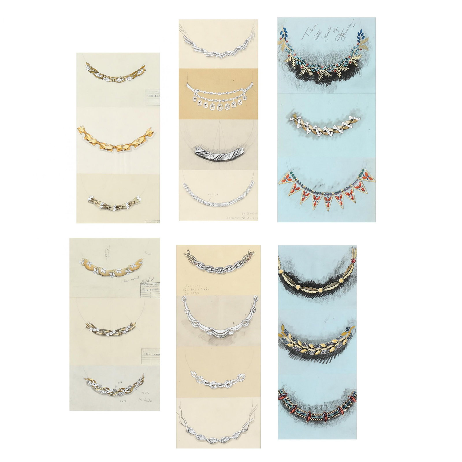 Collection of Six Original Jewelry Illustrations by Trifari: Collection of Six Original Jewelry Illustrations by Trifari each graphite and gouache on paper or pellon, mid 20th century, two bearing stamps of Trifari, Krussman, and Fishel Drawing Department dated