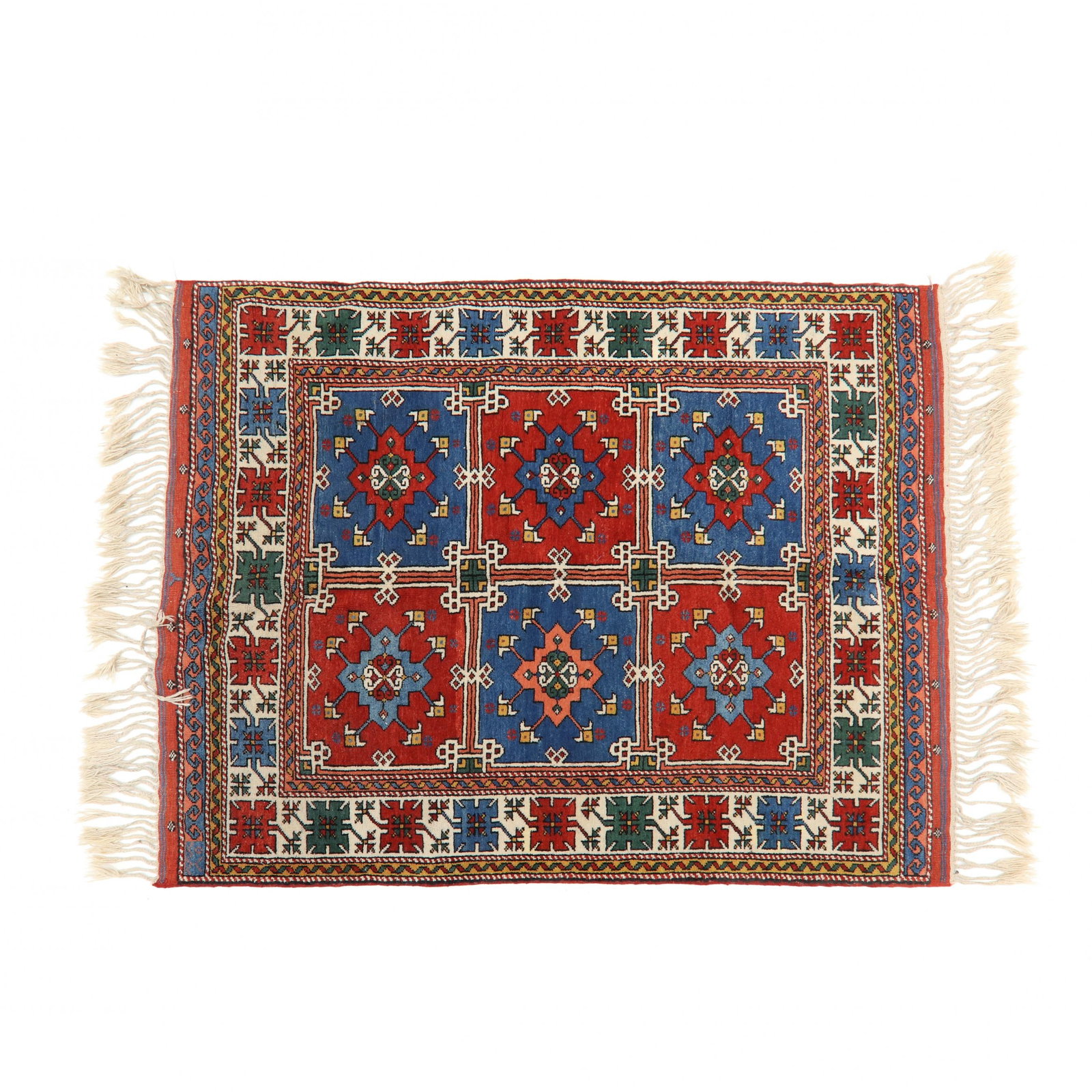 DOBAG Project Area Rug in Caucasian Design: DOBAG Project Area Rug in Caucasian Design wool, Turkey, ground with six rectangular blocks each with a medallion in its center, in multicolors, with white main border with repeating stylized floral m