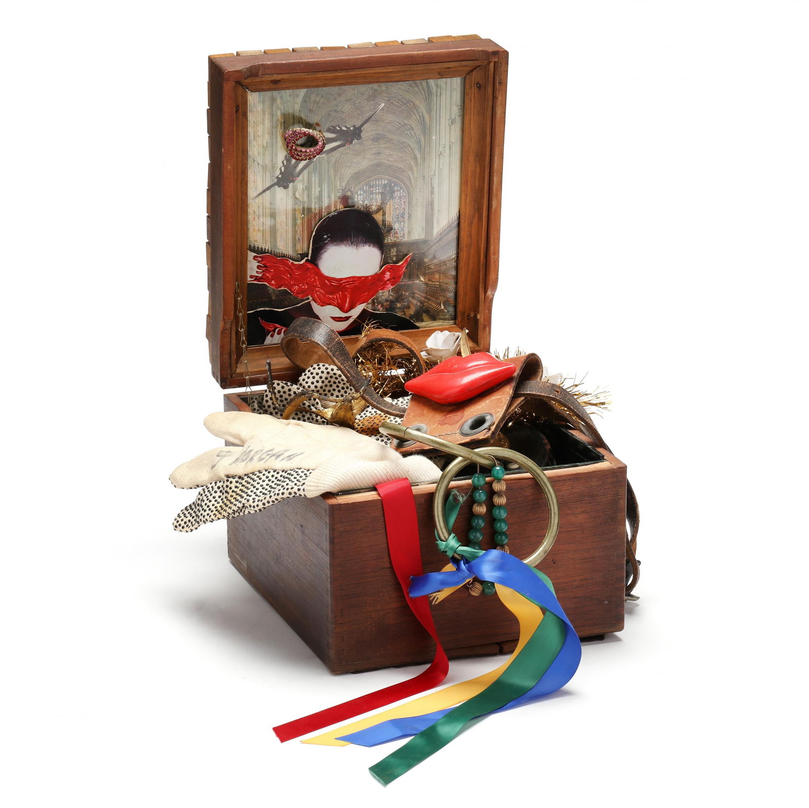John Morgan (VA), Found Object Assemblage Box: John Morgan (VA), Found Object Assemblage Boxlate 20th century, comprised of various vintage found objects and collaged elements, within a dovetailed wood box, ink inscribed J. Morgan to gloves. 15 1/