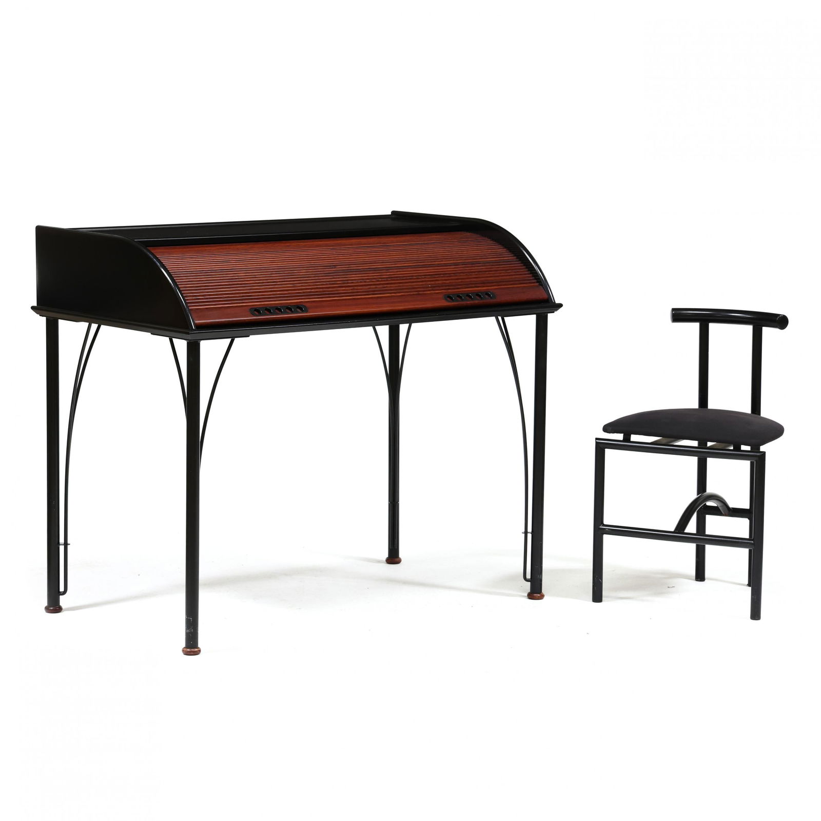 Philippe Starck (France, born 1949), Post Modern Secretaire: Philippe Starck (France, born 1949), Post Modern Secretairefor Ligne Roset, 1988, cherry, ebonized wood and metal, roll top desk with open interior, straight tubular legs with arched returns on cherry