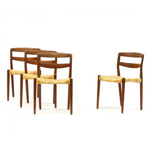 Ejner Larsen & Aksel Bender Madsen, Set of Four Teak Side Chairs: Ejner Larsen & Aksel Bender Madsen, Set of Four Teak Side Chairs 1960s, for Willy Beck, double slat back, woven cane seat, turned and tapered legs, metal label to undersides. 30.5 x 19.5 x 17.5 in.