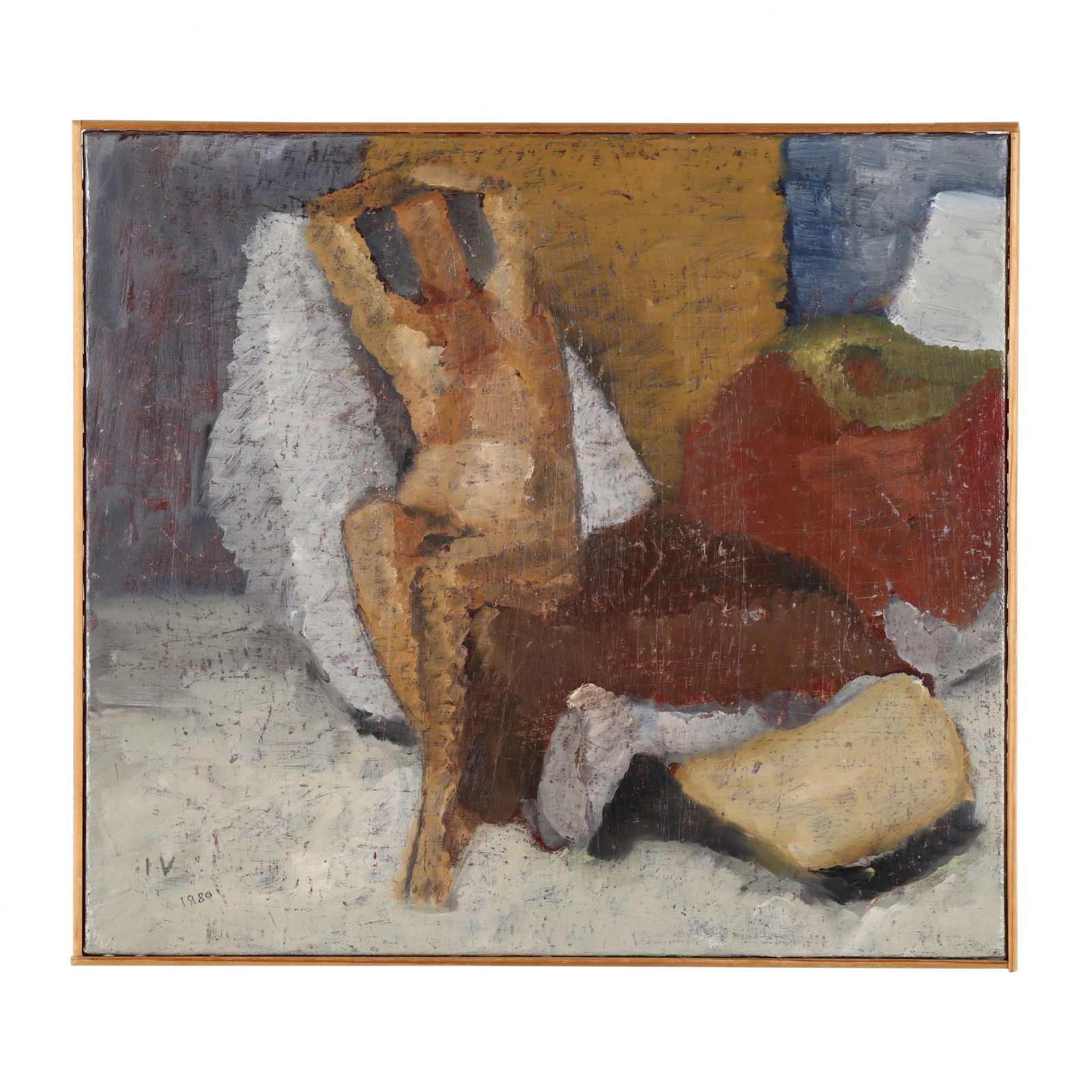 Jeppe Vontillius (Danish, 1915-1994), Reclining Nude: Jeppe Vontillius (Danish, 1915-1994), Reclining Nudeoil on canvas, 1980, signed with monogram at lower left, inscribed to stretcher en verso, framed. Stretcher size 21 1/2 x 23 3/4 in.; Frame dimensio