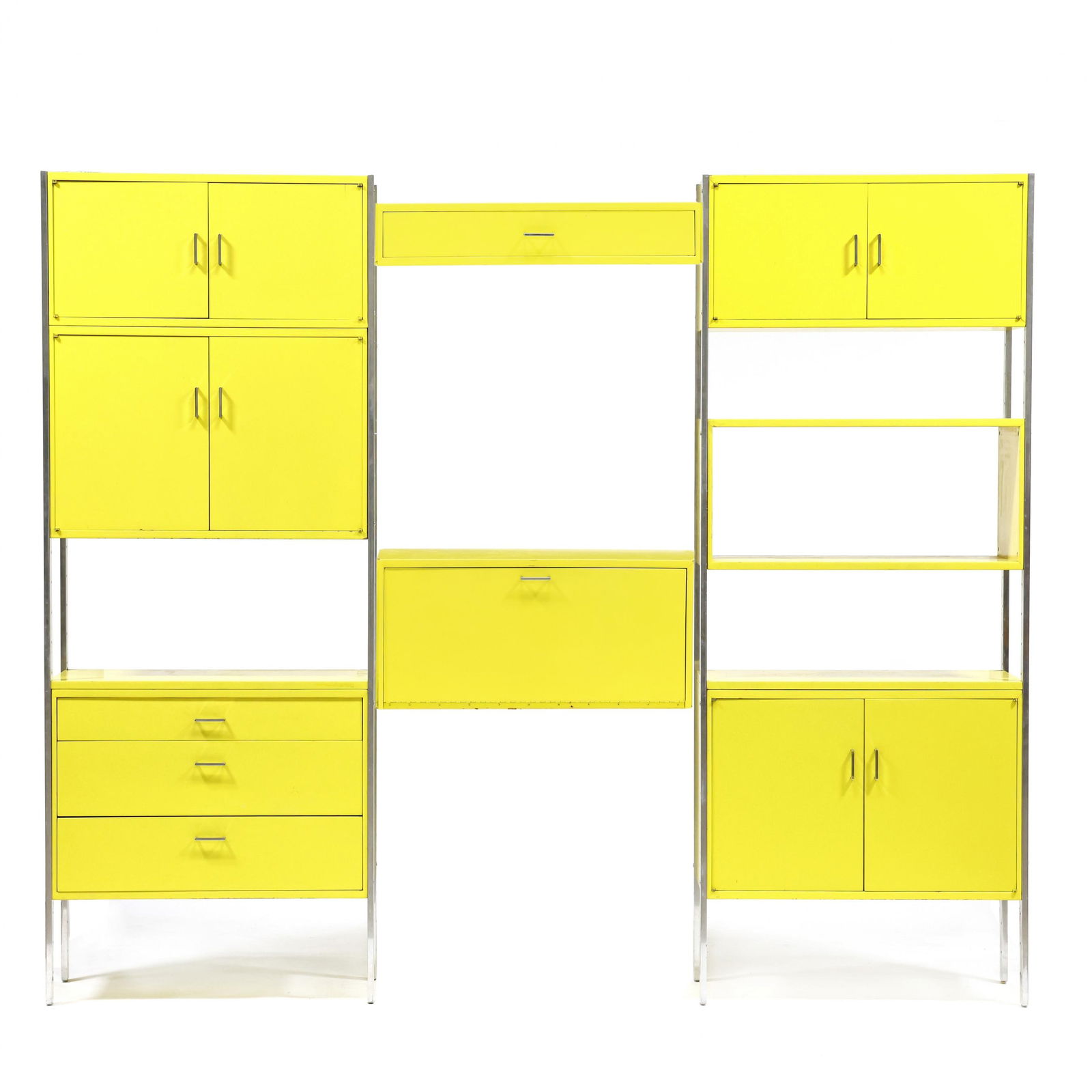 Jack Cartwright (American, 20th Century), Vintage Yellow Wall Unit: Jack Cartwright (American, 20th Century), Vintage Yellow Wall Unit1970s, for Founders, free-standing, yellow lacquered wood and fiberboard with polished steel mounts/legs, including four hinged double