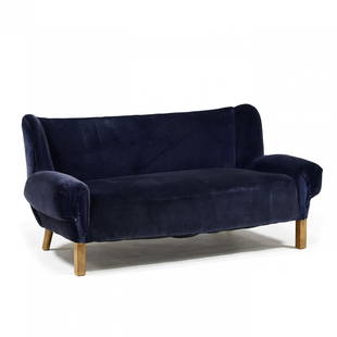 Paul László (Hungary/America, 1900-1993), Mid-Century Upholstered Sofa: Paul László (Hungary/America, 1900-1993), Mid-Century Upholstered Sofa 1950s, dark blue plush upholstery, low silhouette back with wing ends, rounded arms, blonde mahogany straight legs, appears