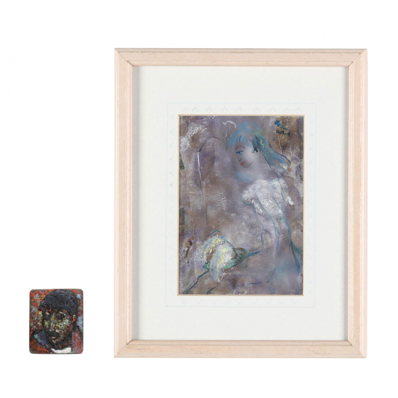 Charles William Ward (American, 1900-1962), Enameled Brooch & Portrait of a Woman: Charles William Ward (American, 1900-1962), Enameled Brooch & Portrait of a Womanthe brooch; enamel on copper, depicting a portrait of a man wearing cap, signed to reverse.; the painting; mixed media
