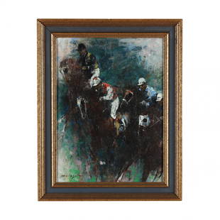 Denes De Holesch (Hungarian, 1910-1983), Jockey Race: Denes De Holesch (Hungarian, 1910-1983), Jockey Race oil on canvas, signed at lower left, presented in a parcel gilt frame. Stretcher size 14 x 11 in.; Frame dimensions 17 1/4 x 13 3/4 in. From