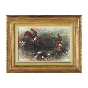 Denes De Holesch (Hungarian, 1910-1983), Fox Hunt: Denes De Holesch (Hungarian, 1910-1983), Fox Huntoil on canvas, signed at lower left, presented in a carved giltwood frame. Stretcher size 10 3/4 x 16 1/4 in.; Frame dimensions 17 3/4 x 23 in. From th