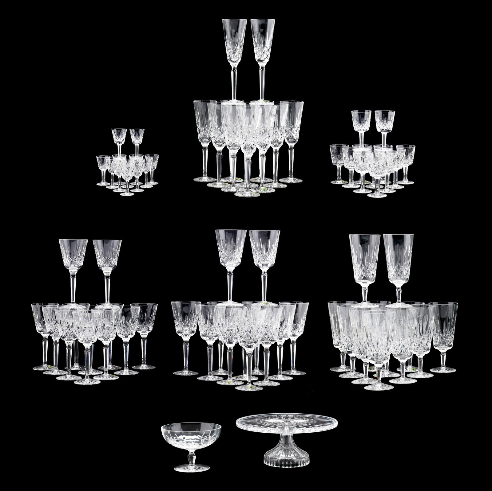 (74) Pieces of Waterford Lismore Tableware: (74) Pieces of Waterford Lismore Tablewareincluding (12) claret wine glasses (7 3/8 in.); (12) tall water goblets (8 1/4 in.); (12) tall iced tea glasses (7 3/4 in.); (12) fluted champagnes (8 5/8 in.