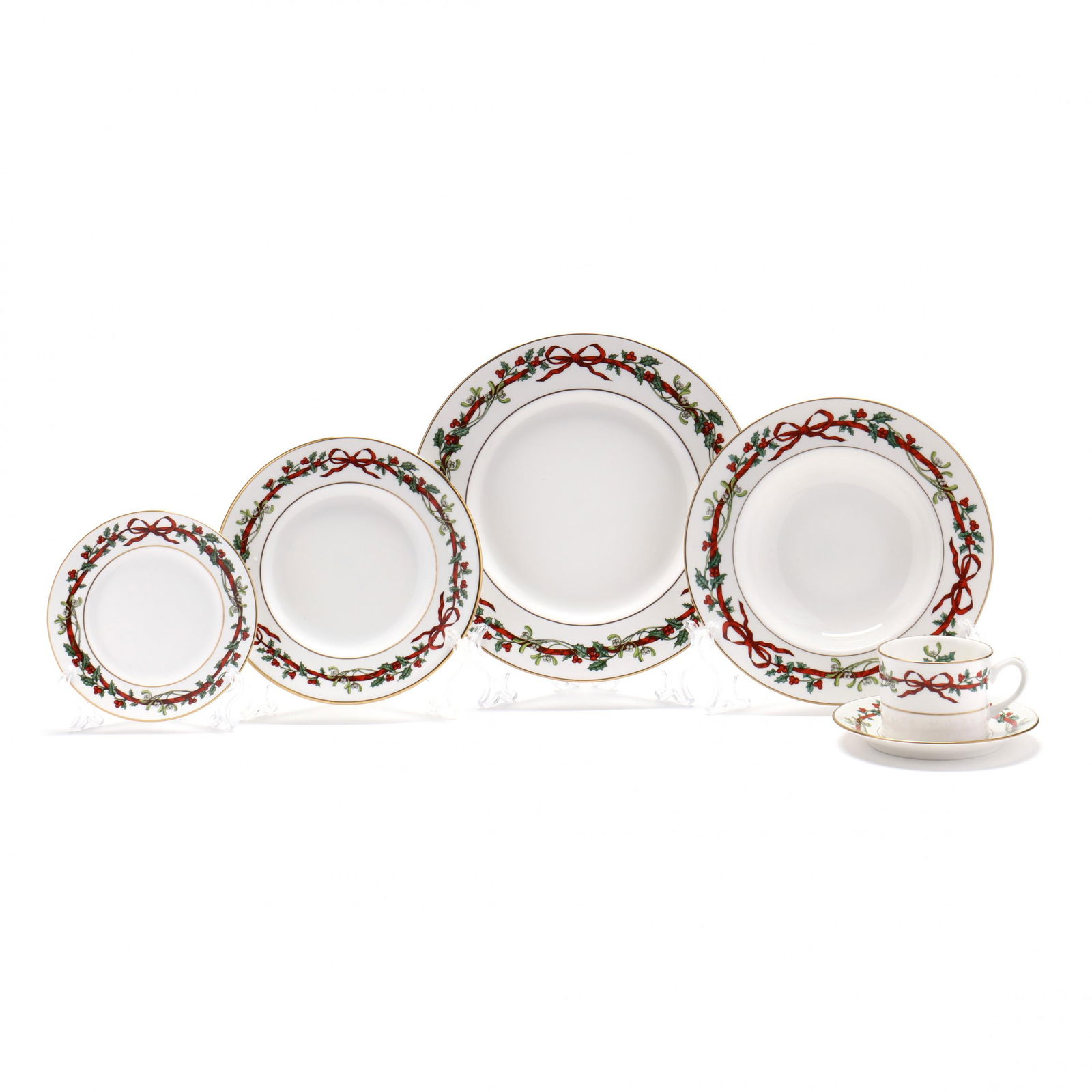 Royal Worcester Holly Ribbons Dinner Service: Royal Worcester Holly Ribbons Dinner Service1987, made in England, fine bone china with transferred designs, (57) pieces to include: (12) dinner plates (10 1/2 in. dia.); (11) salad plates (8 in.); (1