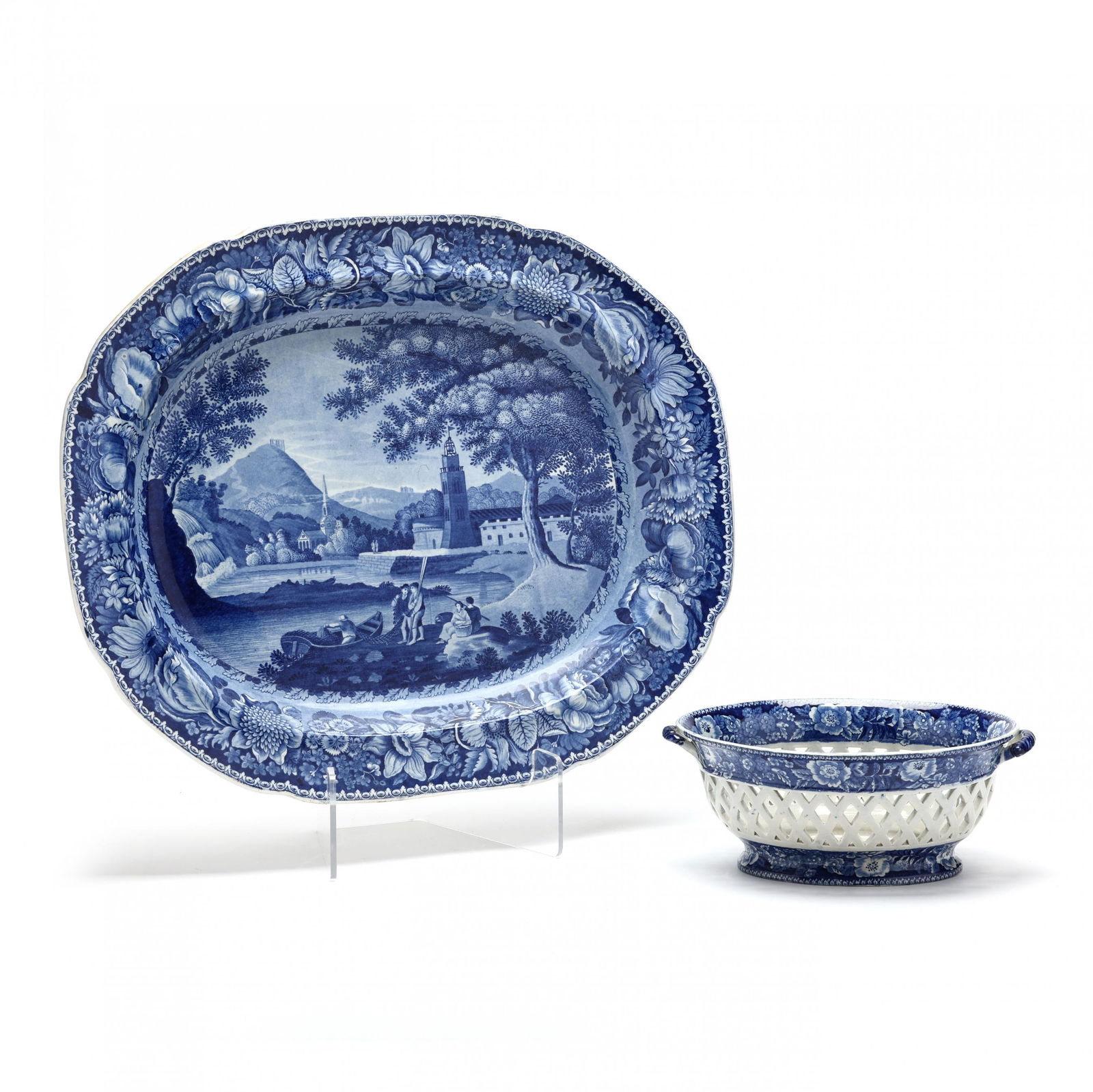 English Blue and White Transfer Platter and Basket (1 of 8)