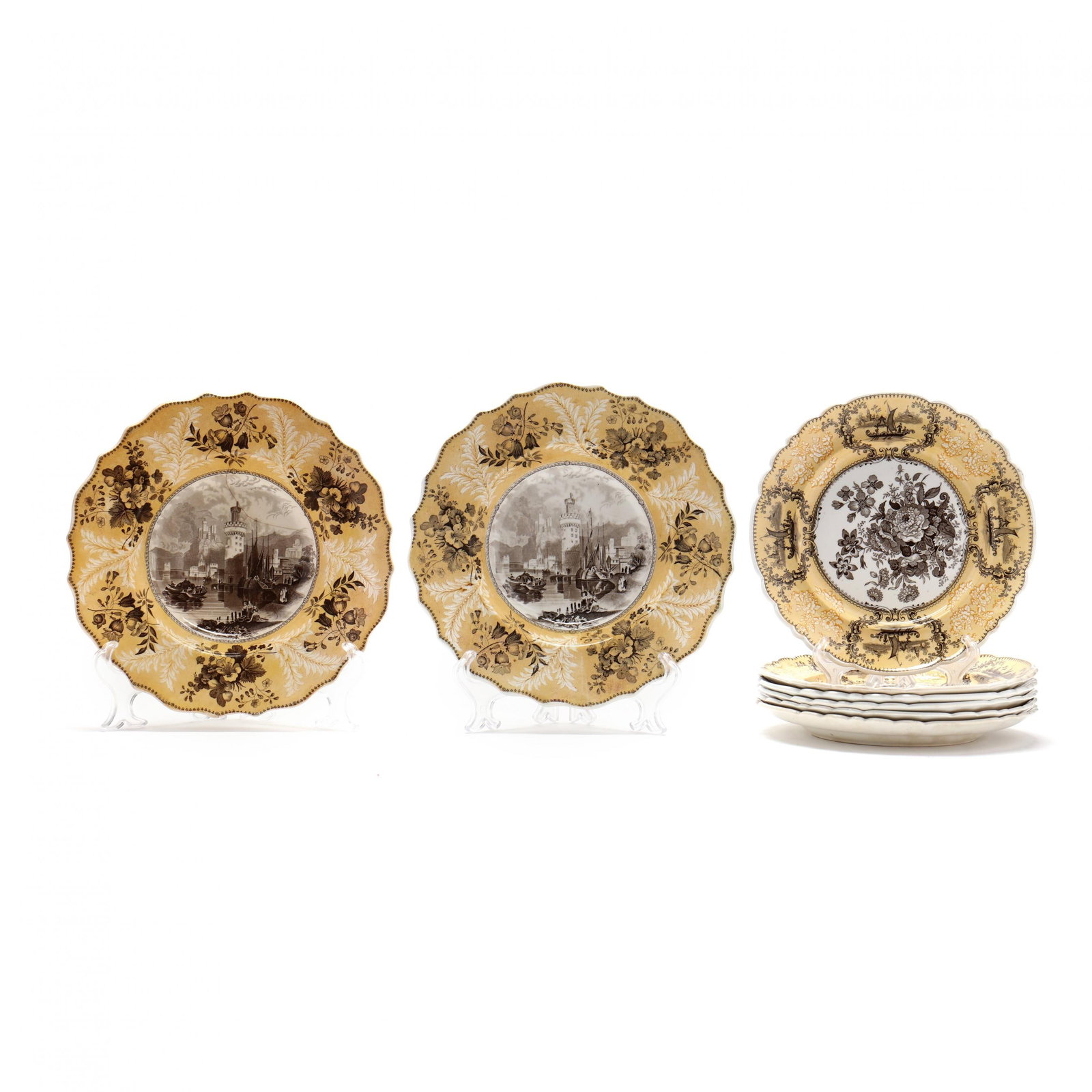 A Selection of Antique British Transferware: A Selection of Antique British Transferware circa 1830s, ochre and white ground with riverscape and floral transfer decoration, including (2) rim soup bowls by Enoch Wood & Sons, Oberwessel on the Rhi