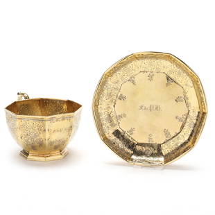 A Gold Wash Coin Silver Cup and Saucer, Mark of William Forbes for Ball, Tompkins & Black: A Gold Wash Coin Silver Cup and Saucer, Mark of William Forbes for Ball, Tompkins & Blackcirca 1839-1851, New York, marked "Successors To / Marquand & Co", each a gold wash faceted octagonal footed fo