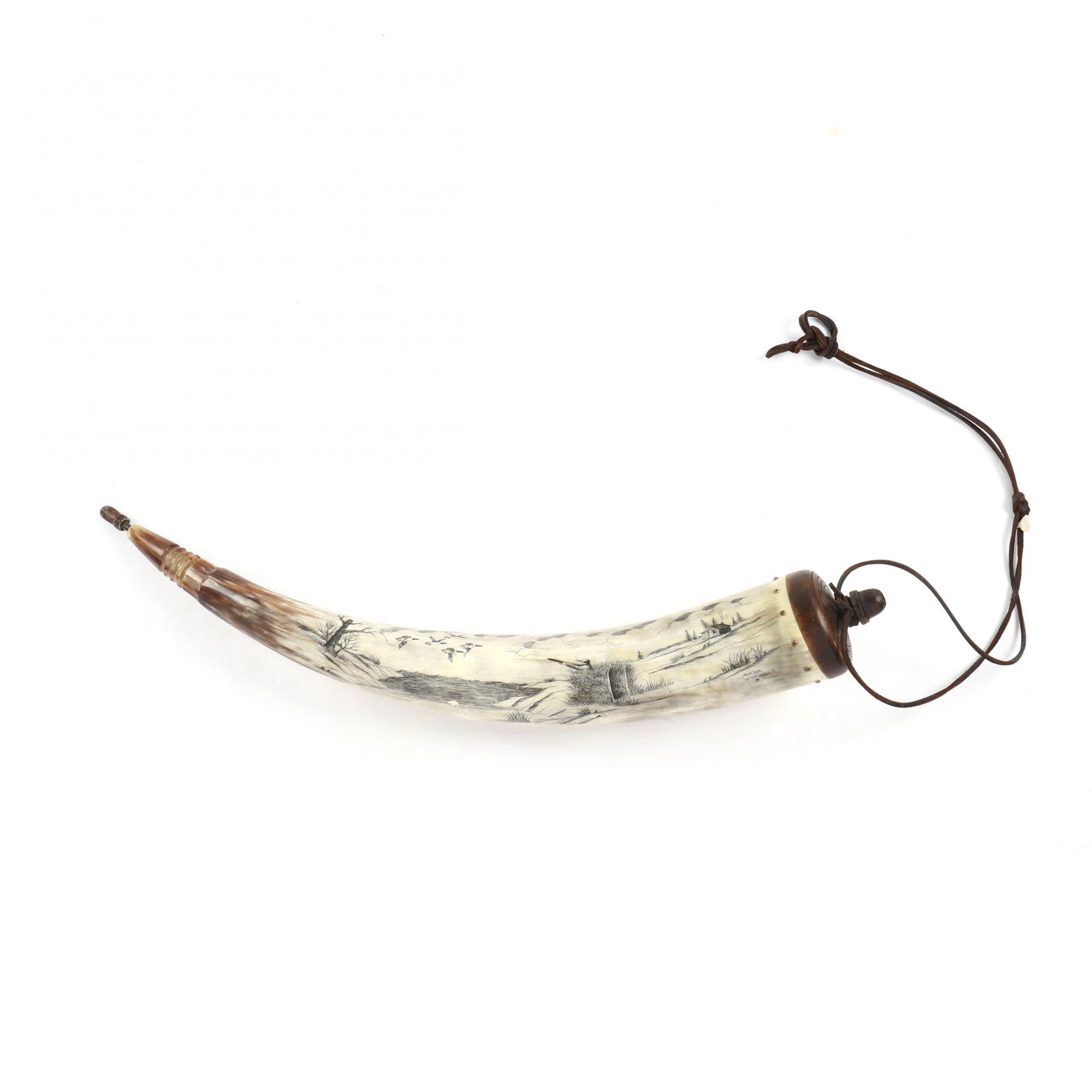 Martha Winenger (IN), Powderhorn with Goose Hunting Scene: Martha Winenger (IN), Powderhorn with Goose Hunting SceneGranger, Indiana, early 21st century, carved horn with wooden plug with finial, leather shoulder strap, decorative scrimshaw scene of goose hun