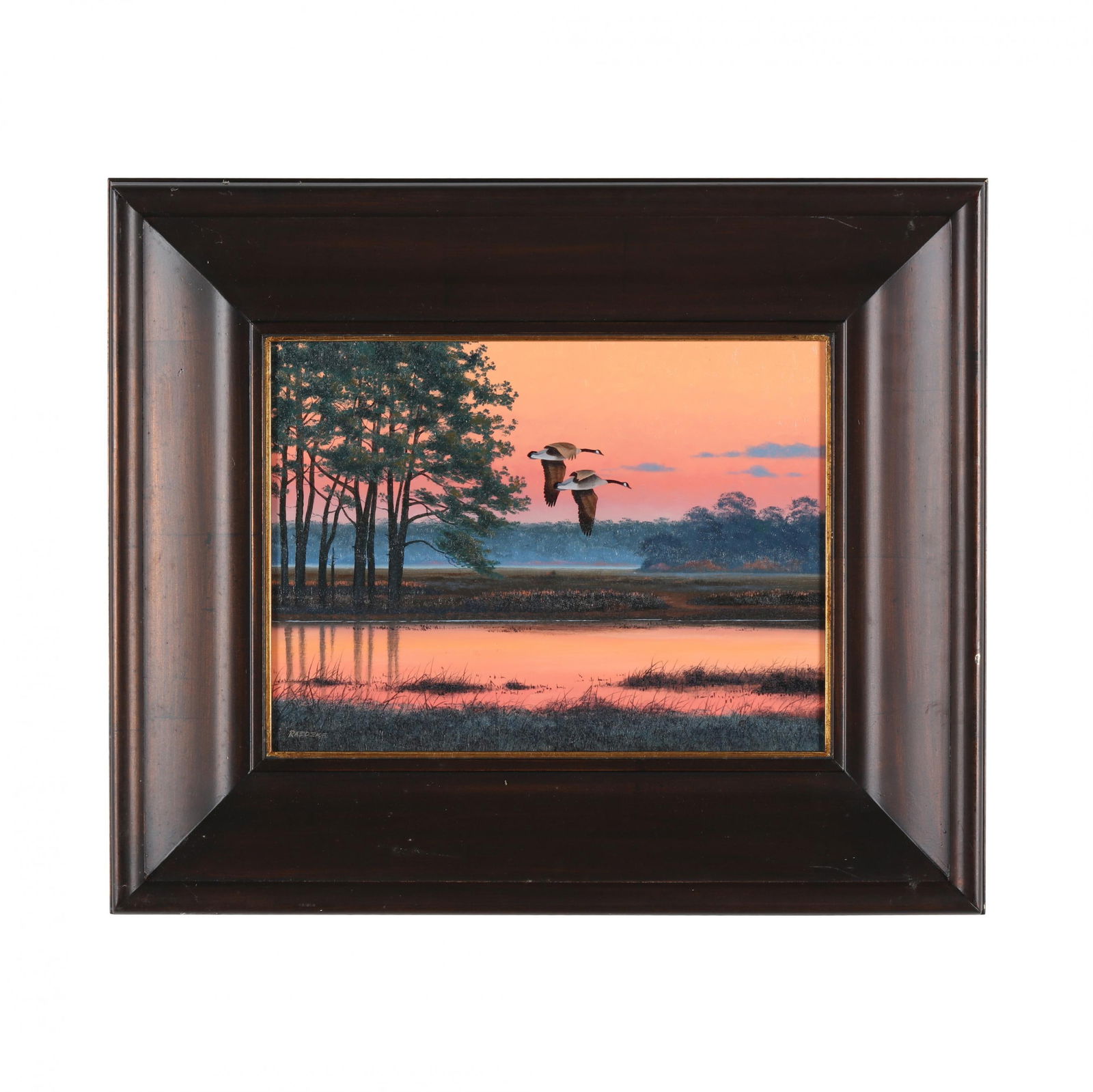 Jerry Raedeke (American), Geese at Sunset: Jerry Raedeke (American), Geese at Sunsetoil on masonite, signed at lower left, retaining artist information to verso, presented in a cove molded wood frame. Panel 12 x 16 in.; Frame dimensions 20 3/4