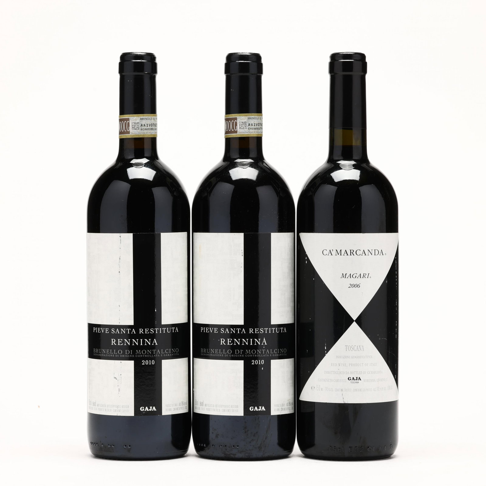 Gaja Greats: Gaja Greats Vintage 2006, Ca'Marcanda, Magari, Gaja, into neck, lscl (1 750 ml) Vintage 2010, Brunello di Montalcino, Rennina, Pieve Santa Restituta, Gaja, 2bn (2 750 ml)